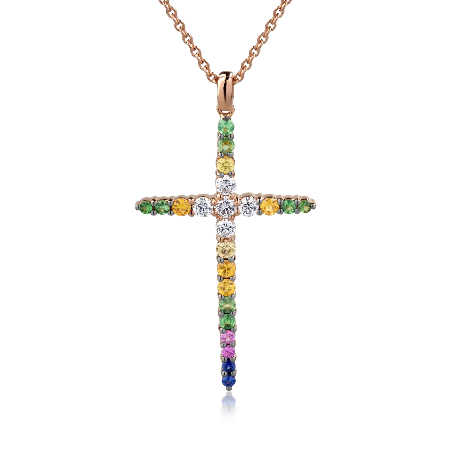 Lant cu pandantiv cruce din aur roz cu diamante de 0.35ct si safire multicolore de 0.72ct