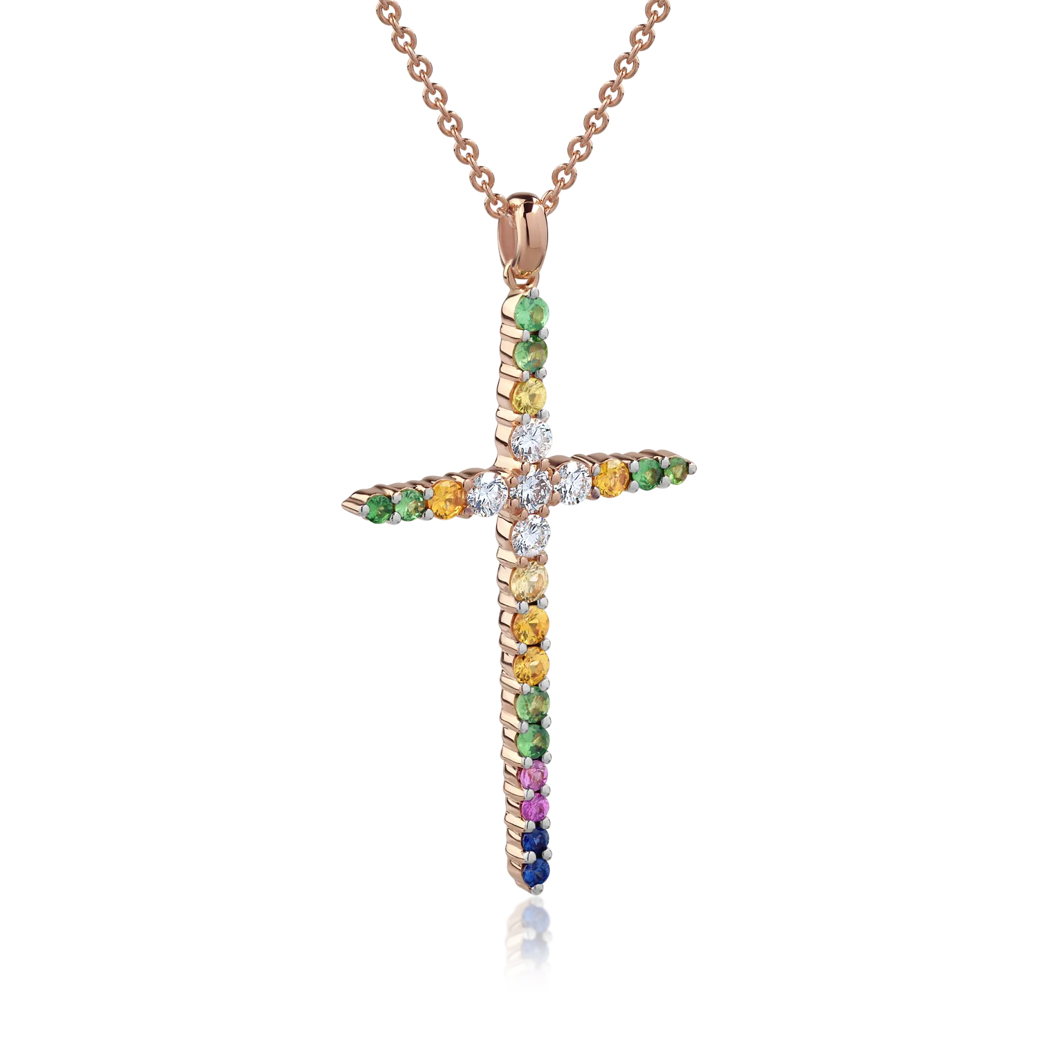 Lant cu pandantiv cruce din aur roz cu diamante de 0.35ct si safire multicolore de 0.72ct