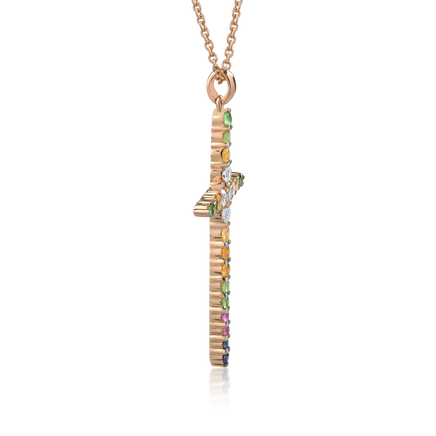 Lant cu pandantiv cruce din aur roz cu diamante de 0.35ct si safire multicolore de 0.72ct