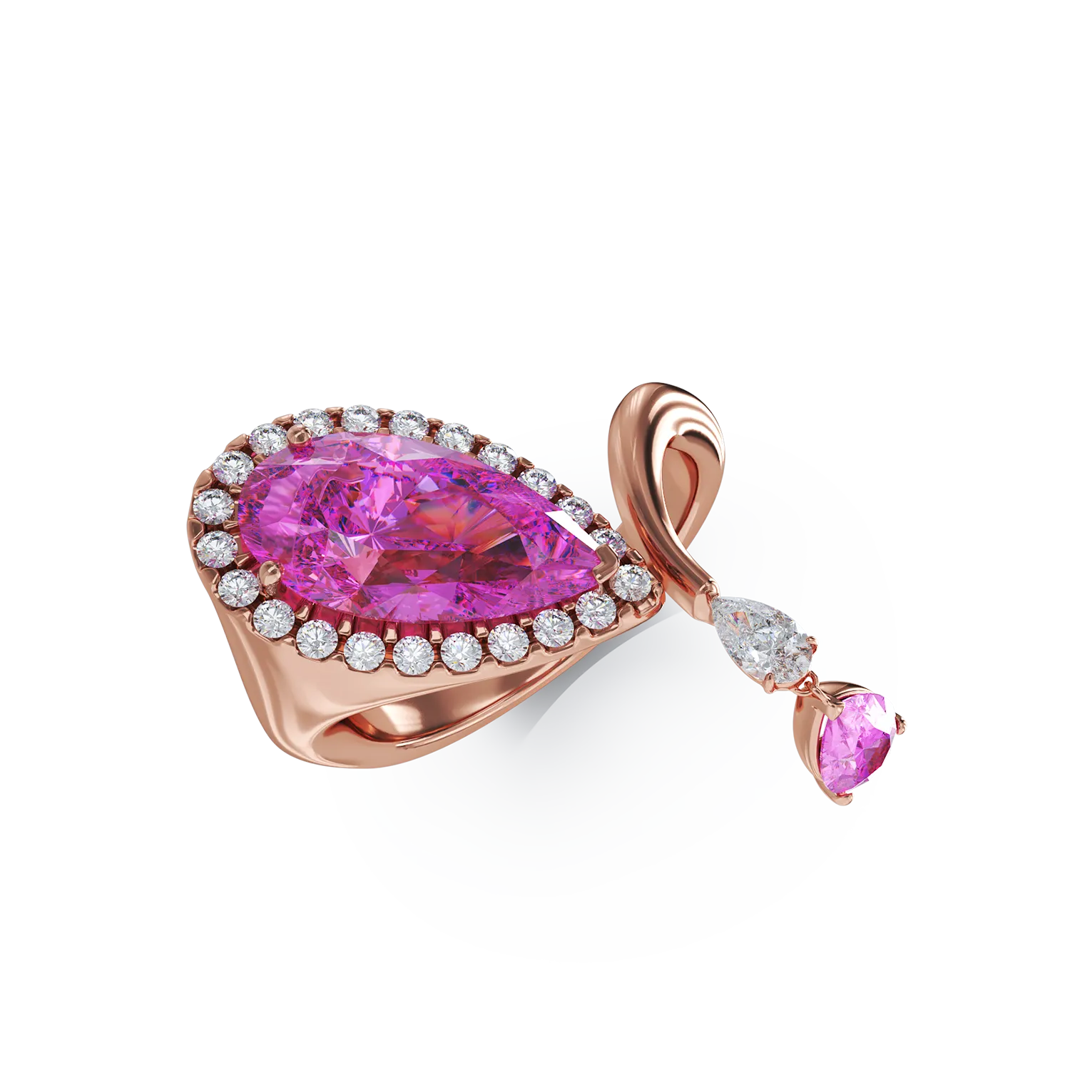Inel din aur roz cu safire roz pear de 4.33ct si diamante pear si rotunde de 0.47ct