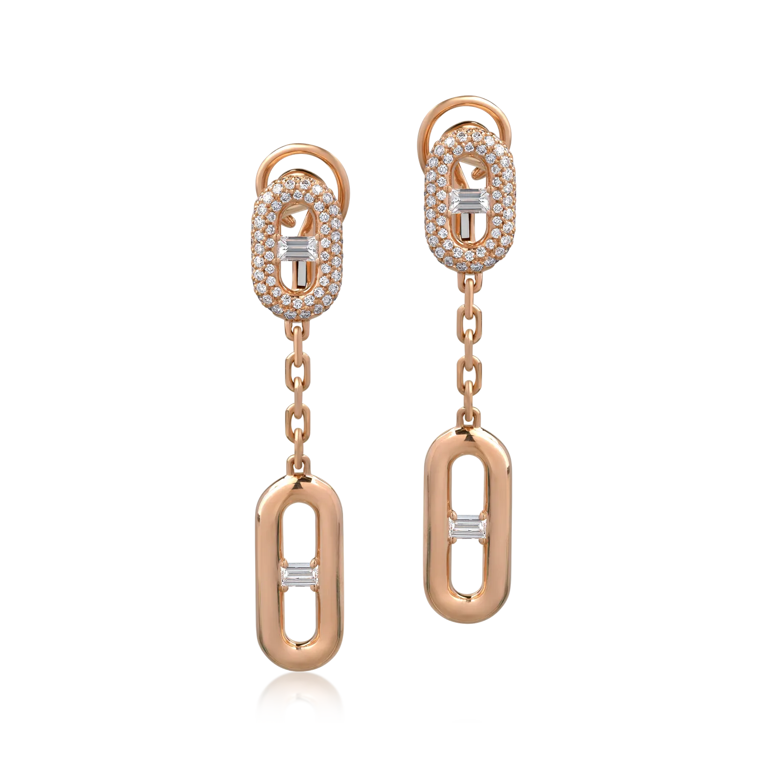 Cercei din aur roz cu diamante baguette si round de 1.4ct