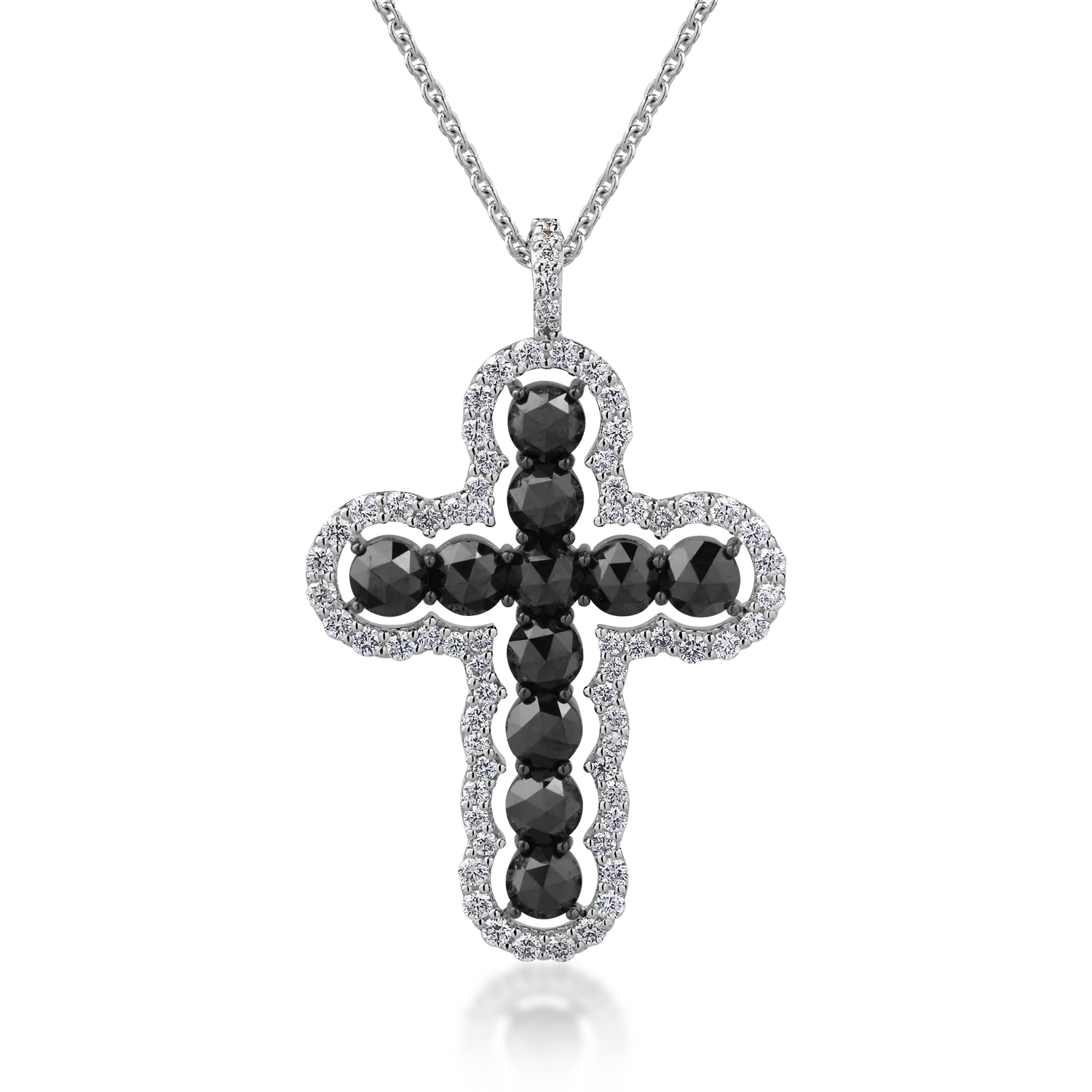 18K white gold cross pendant necklace with 1.9ct black diamonds and 0.5ct clear diamonds