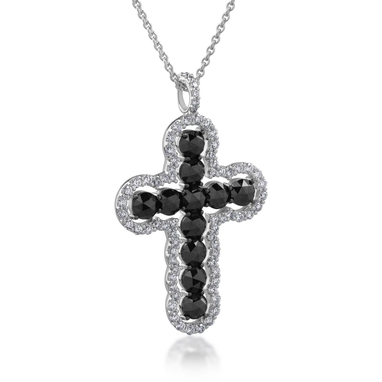 18K white gold cross pendant necklace with 1.9ct black diamonds and 0.5ct clear diamonds
