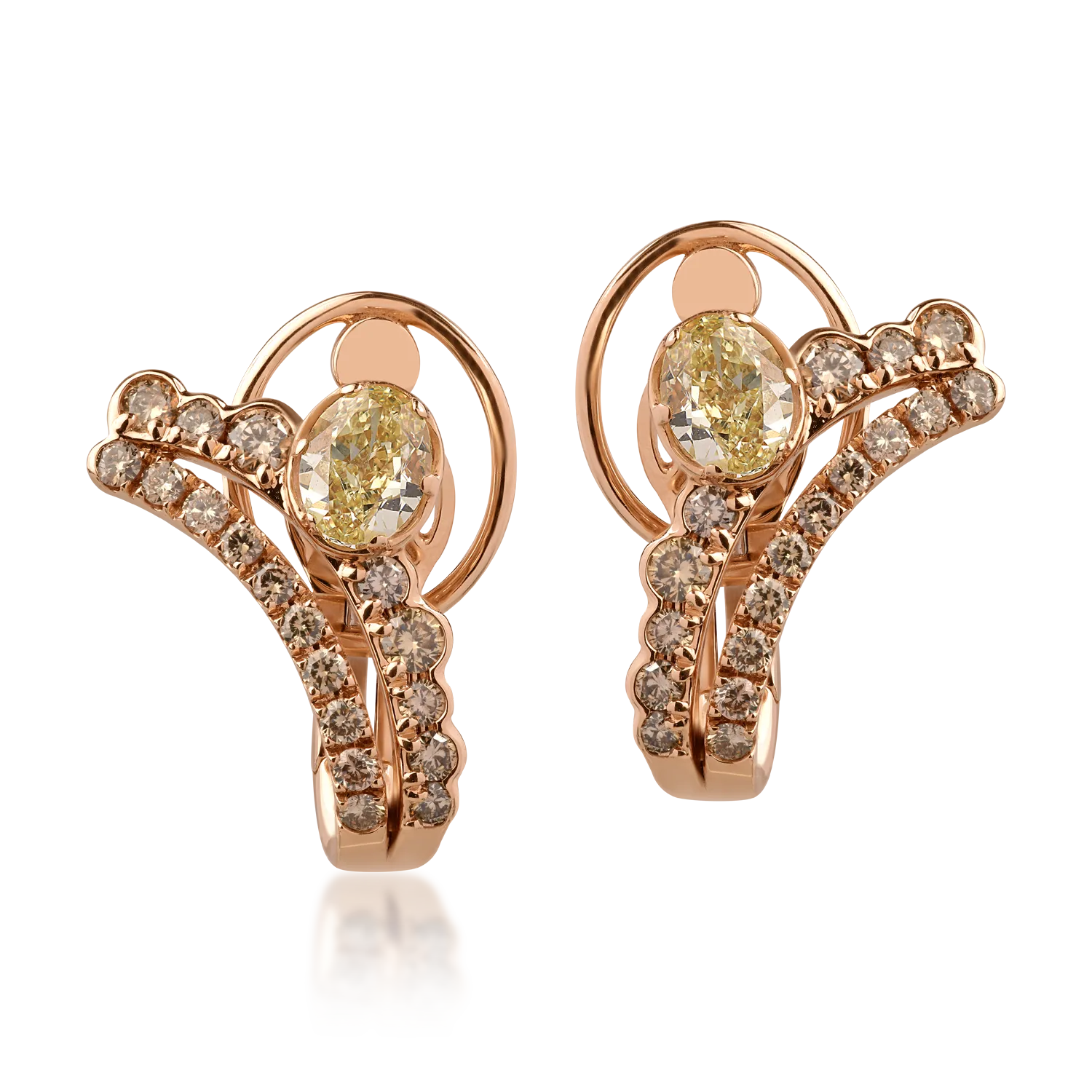 18K rose gold earrings with 1.63ct fancy-yellow diamonds and 1.1ct brown diamonds