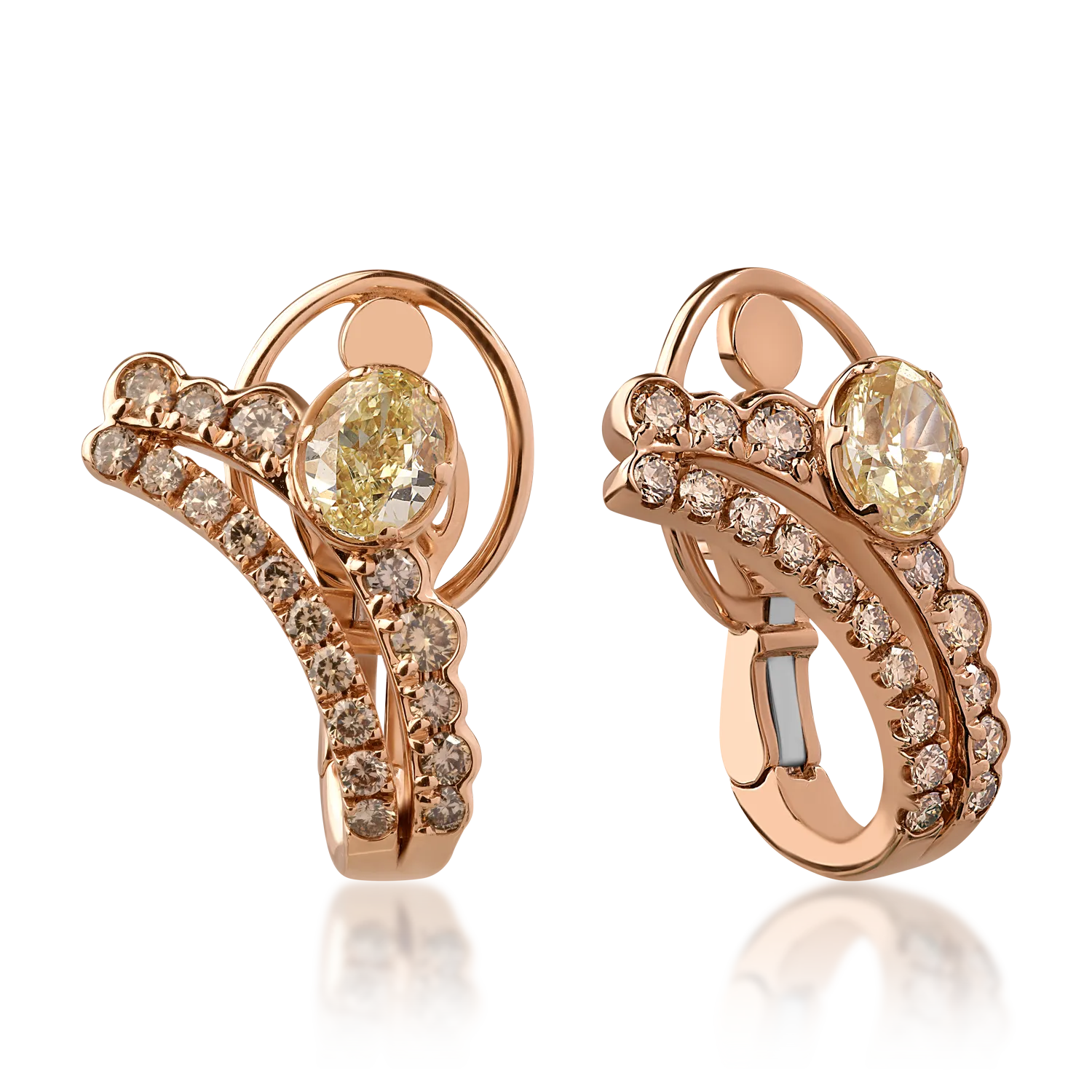 18K rose gold earrings with 1.63ct fancy-yellow diamonds and 1.1ct brown diamonds