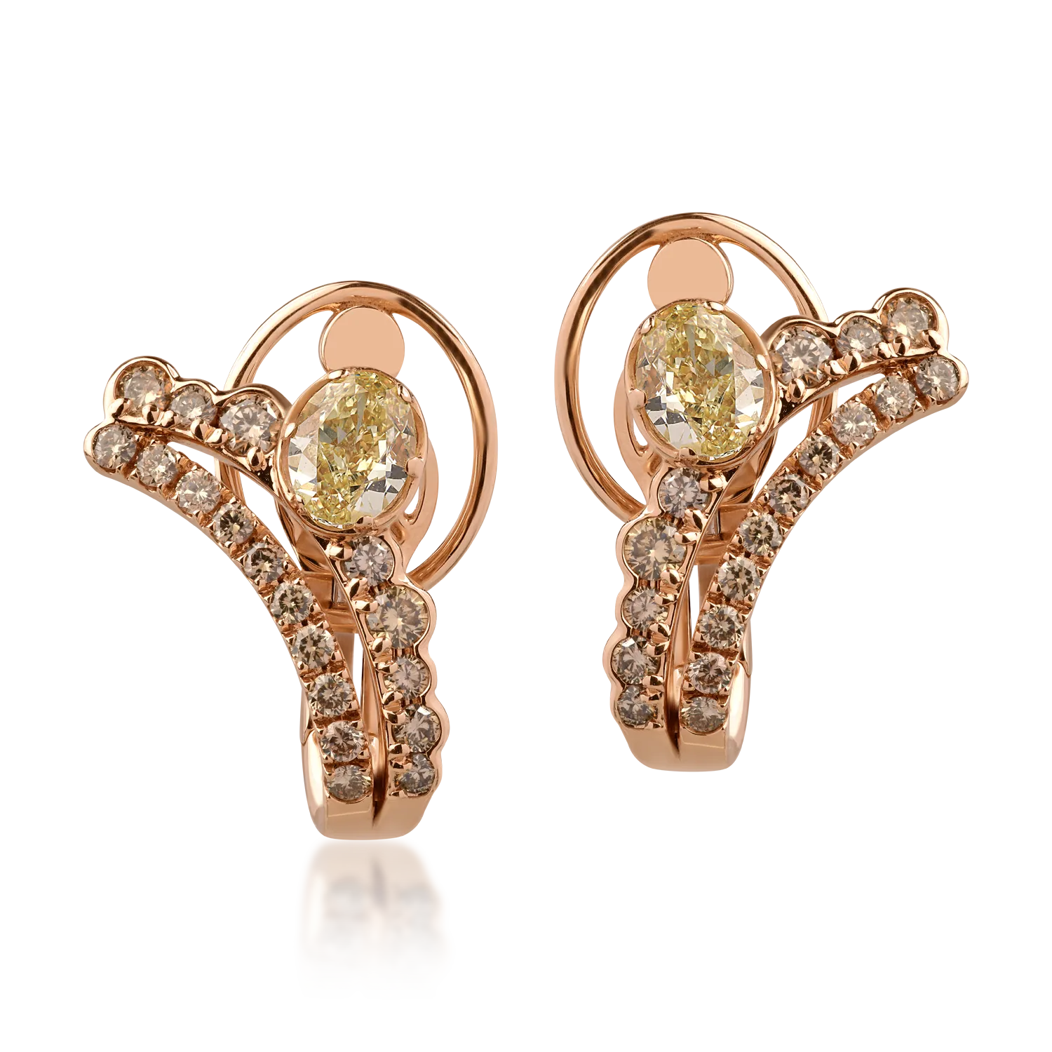 Обеци от 18K розово злато с 1.63ct ефектно жълти диаманти и 1.1ct кафяви диаманти