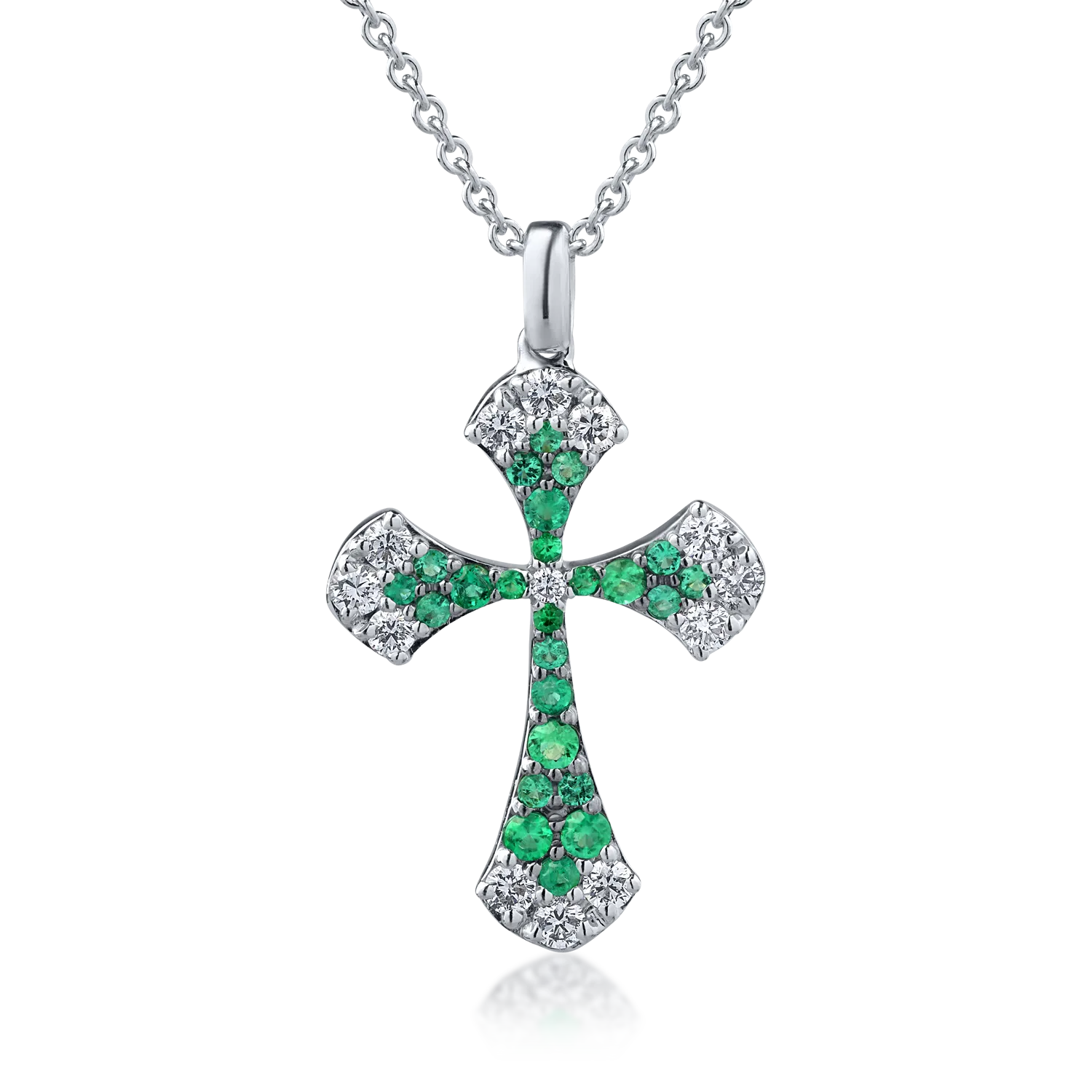 Lant cu pandantiv cruce din aur alb de 18K cu diamante de 0.42ct si smaralde de 0.31ct