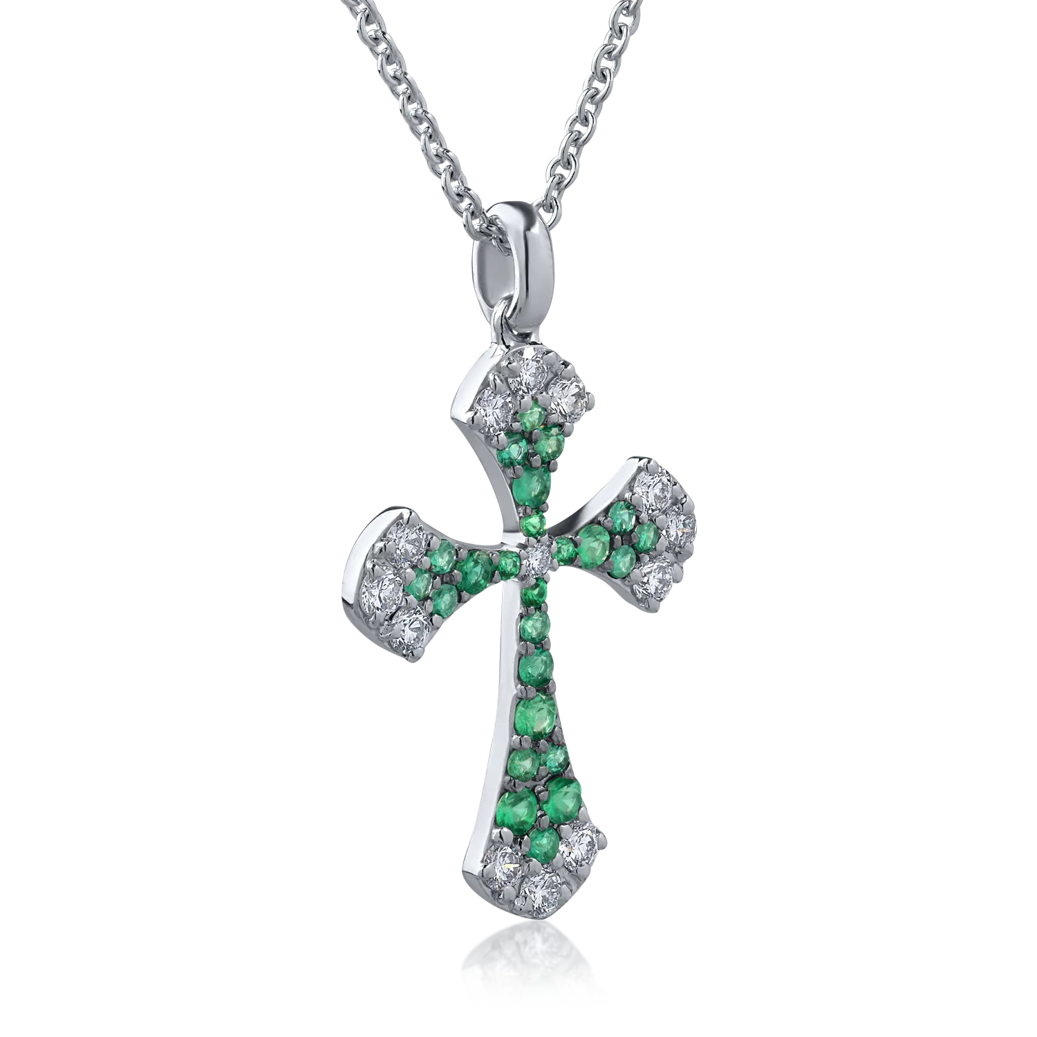 Lant cu pandantiv cruce din aur alb de 18K cu diamante de 0.42ct si smaralde de 0.31ct