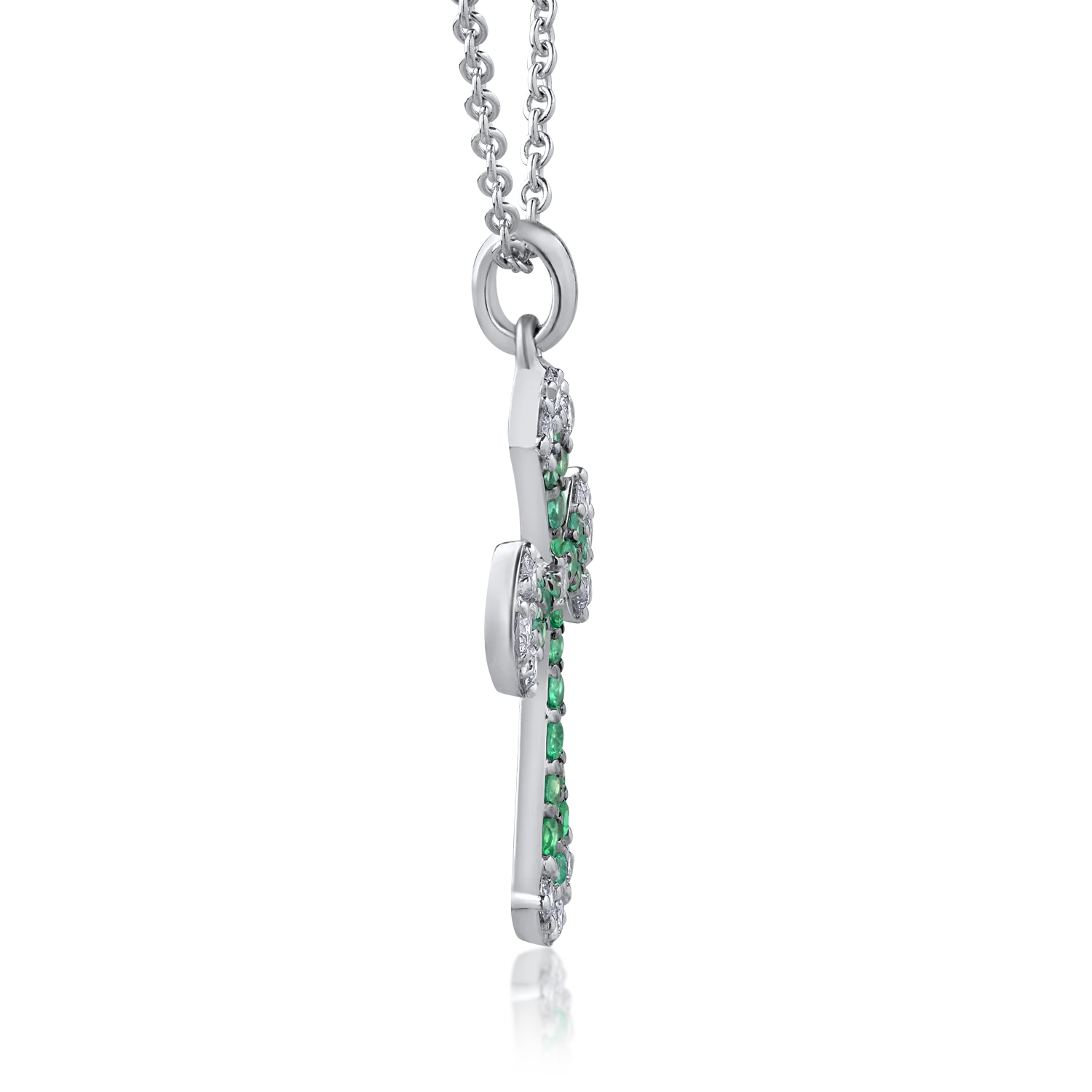 Lant cu pandantiv cruce din aur alb de 18K cu diamante de 0.42ct si smaralde de 0.31ct