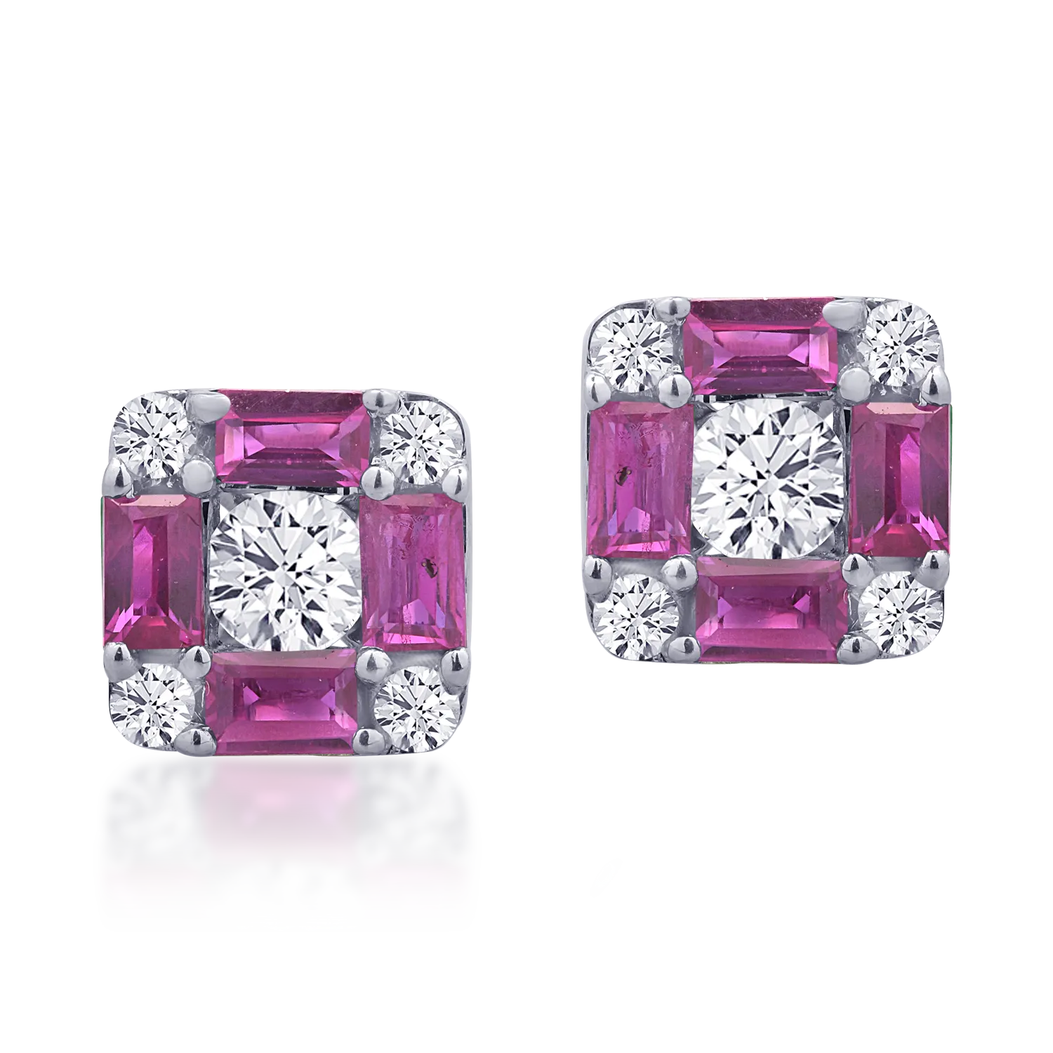 Cercei din aur alb cu rubine baguette de 0.94ct si diamante rotunde de 0.38ct