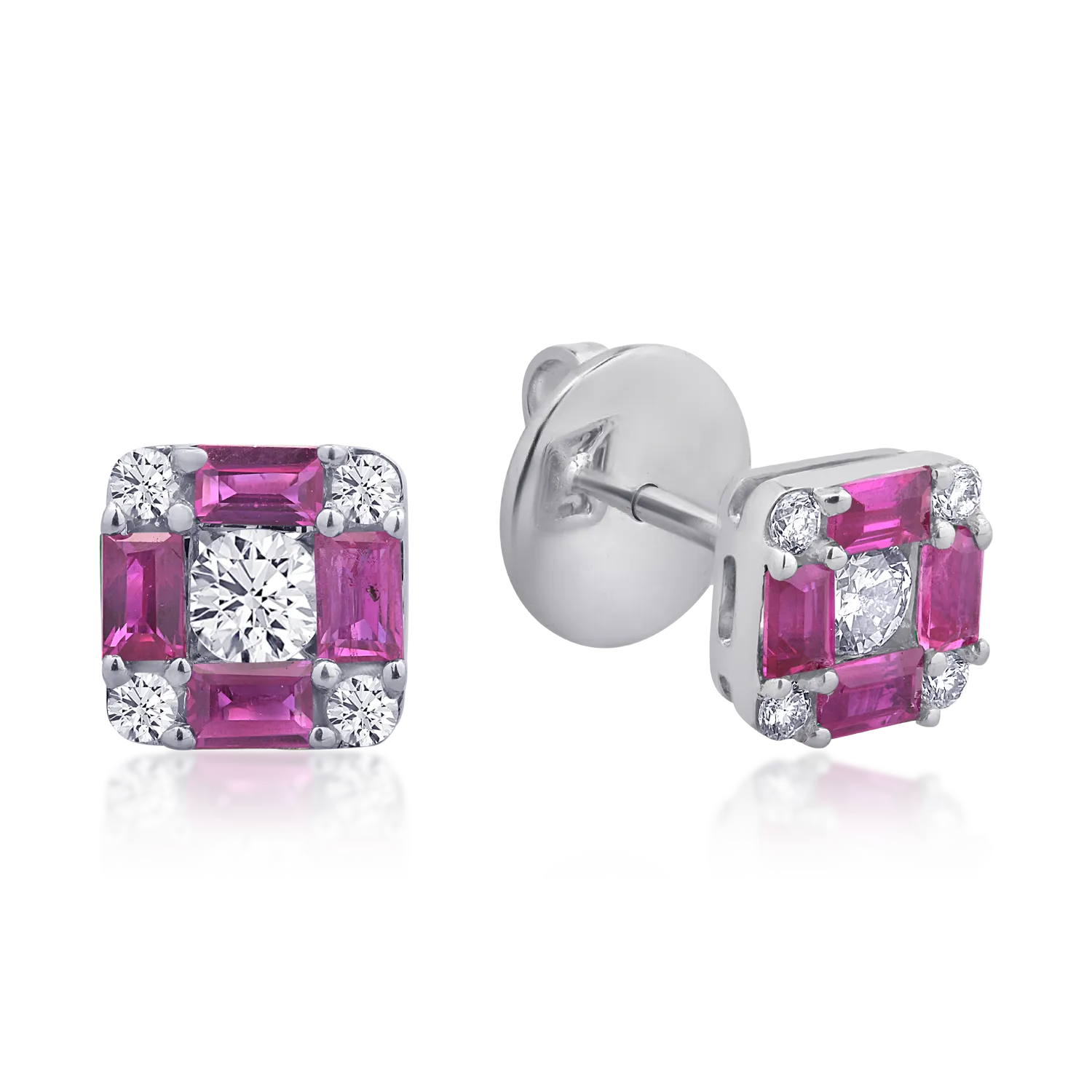 Cercei din aur alb cu rubine baguette de 0.94ct si diamante rotunde de 0.38ct