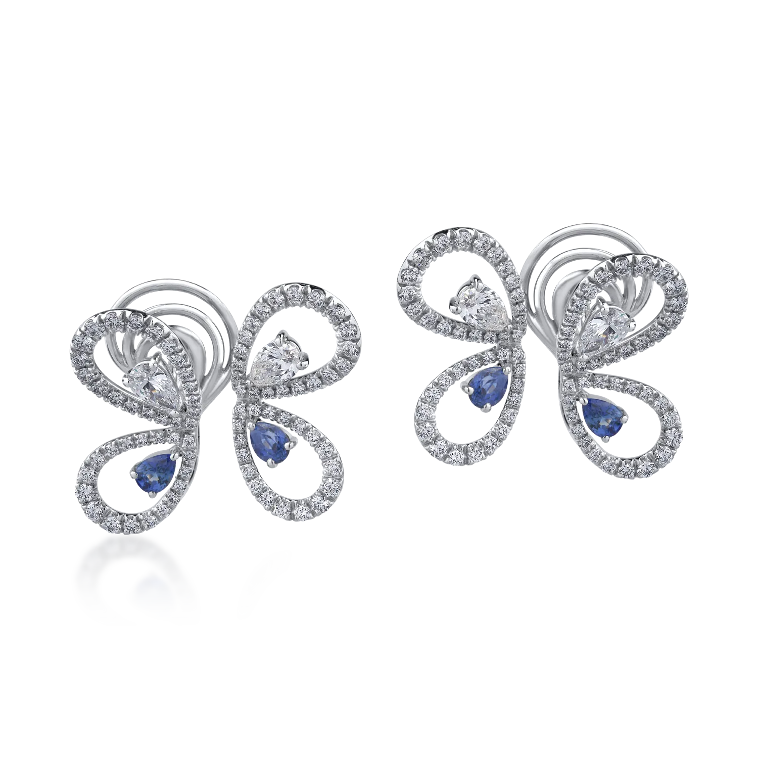 Cercei din aur alb cu diamante round si pear de 2.83ct si safire pear de 1.22ct