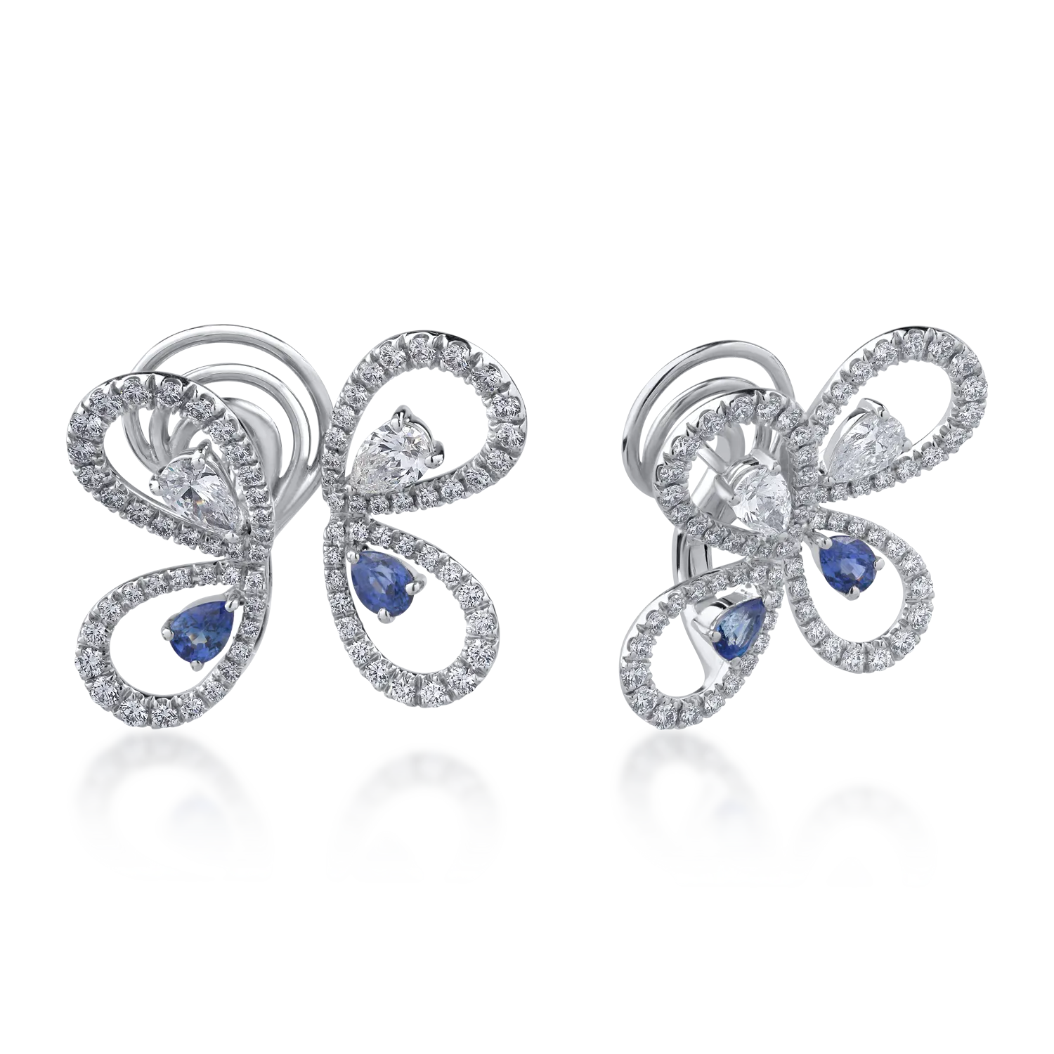 Cercei din aur alb cu diamante round si pear de 2.83ct si safire pear de 1.22ct