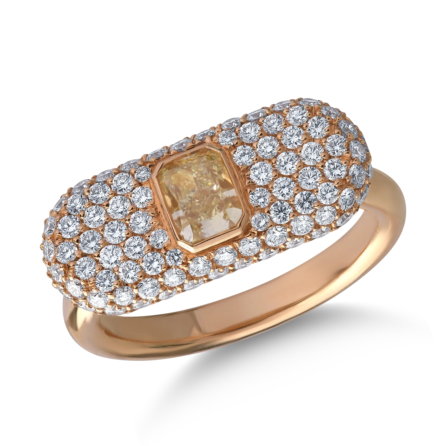 Inel din aur roz de 18K cu diamant fancy-galben de 0.62ct si diamante de 0.96ct