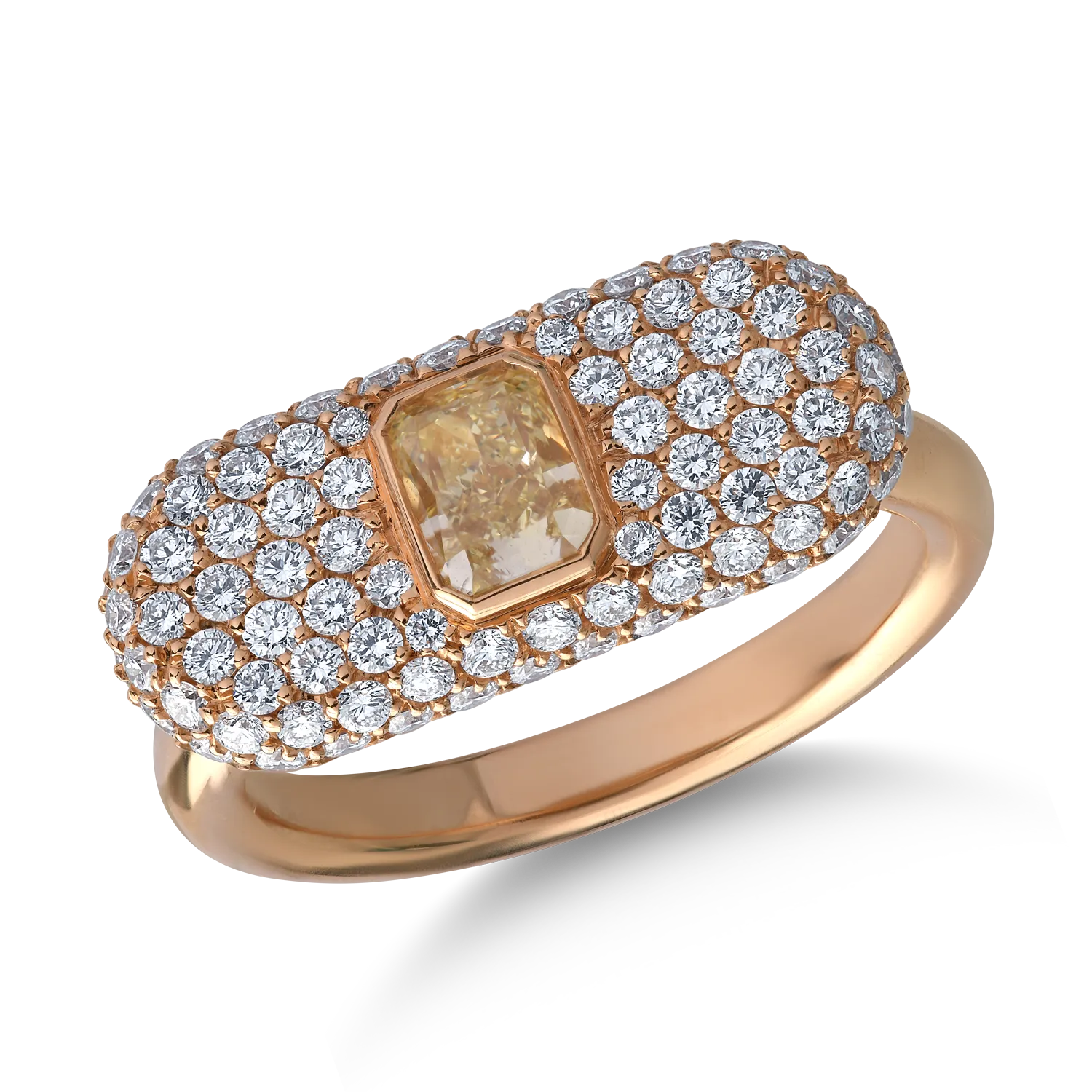 Inel din aur roz cu diamant fancy galben cushion de 0.6ct si diamante de 0.9ct