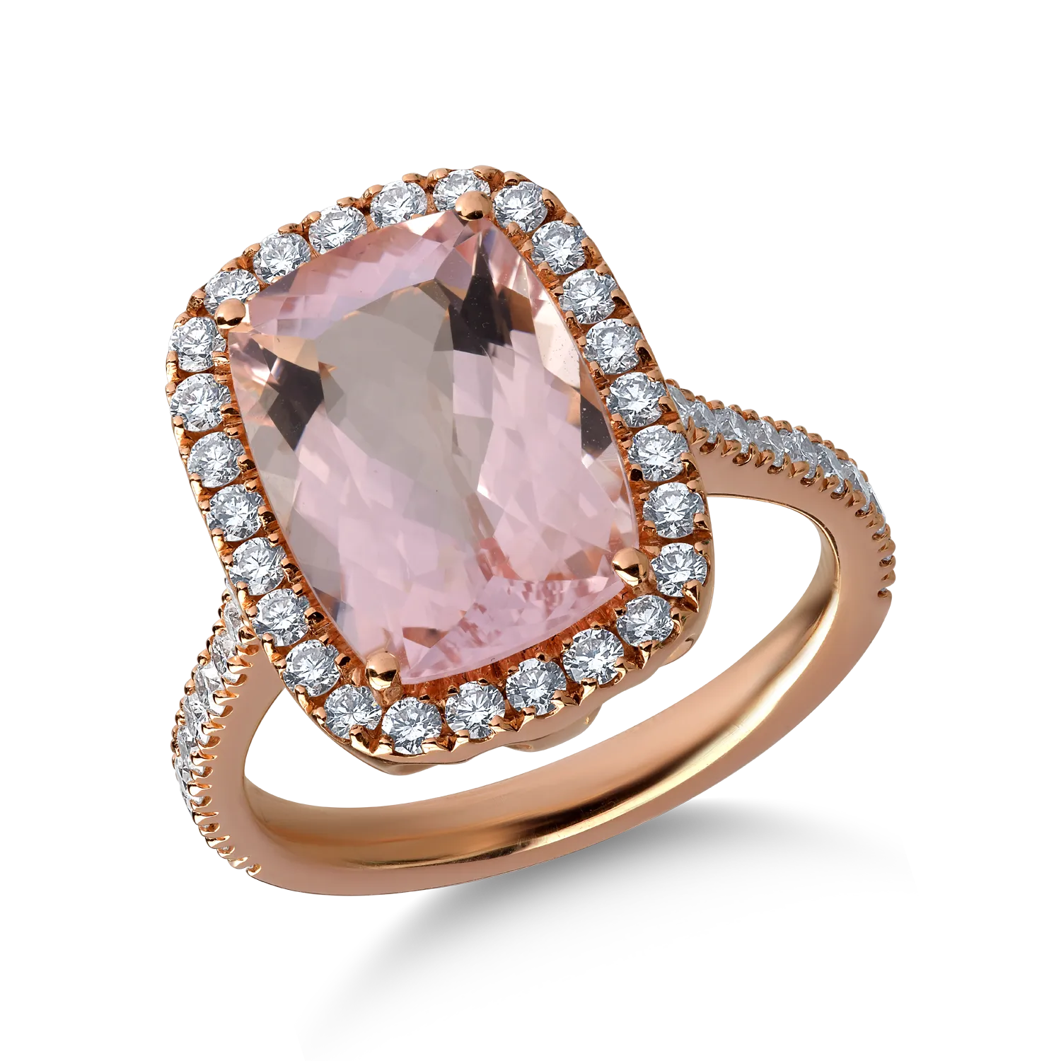 Inel din aur roz cu morganit cushion de 4.3ct si diamante de 0.6ct