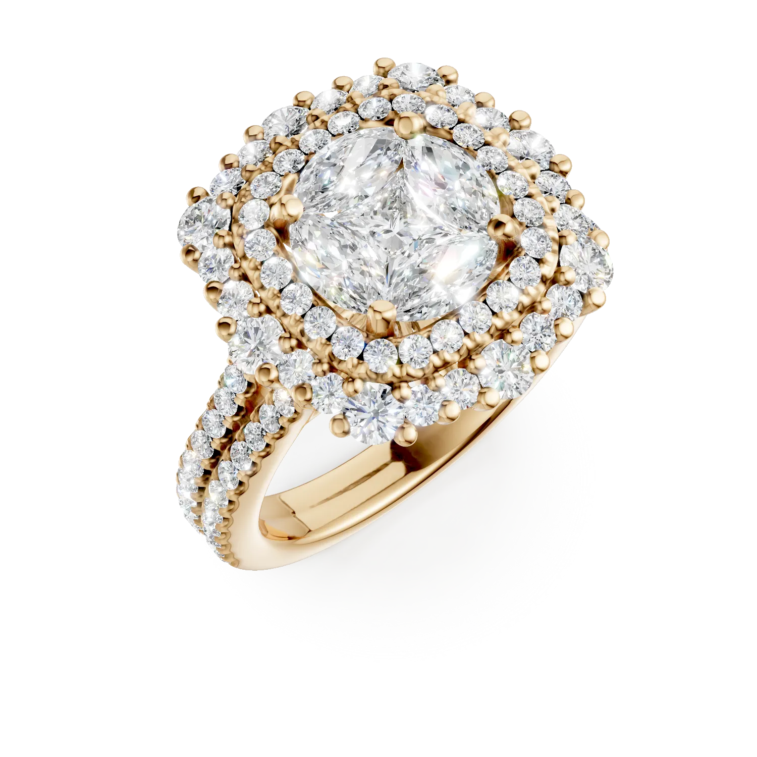 Inel din aur galben cu diamante princess, marquise si rotunde de 1.7.7ct