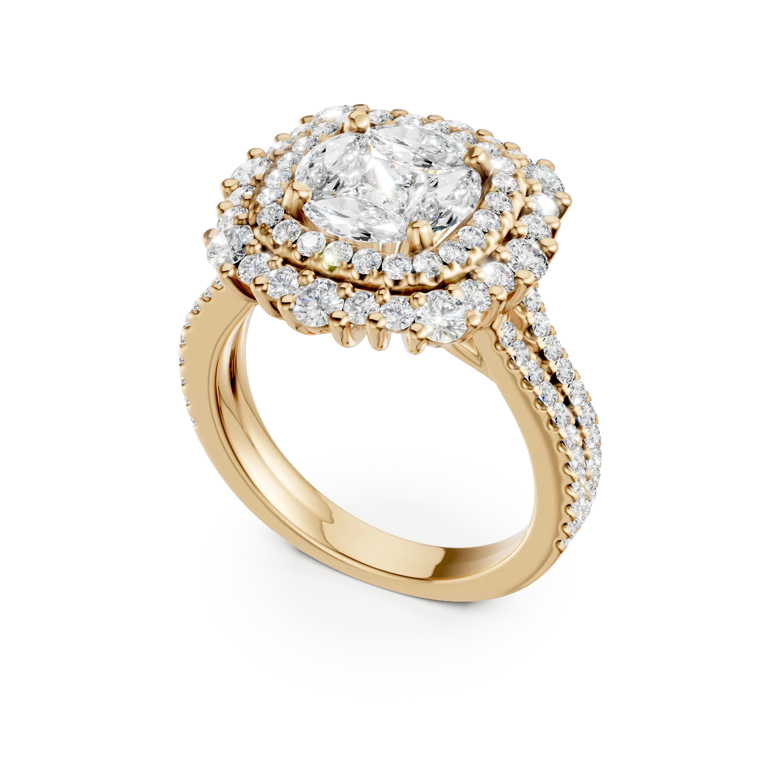 Inel din aur galben cu diamante princess, marquise si rotunde de 1.7.7ct