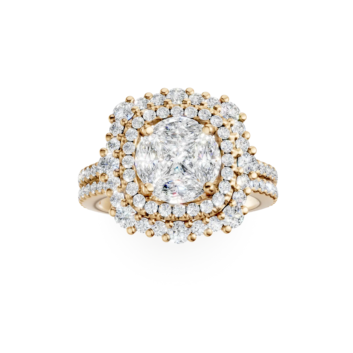 Inel din aur galben cu diamante princess, marquise si rotunde de 1.7.7ct