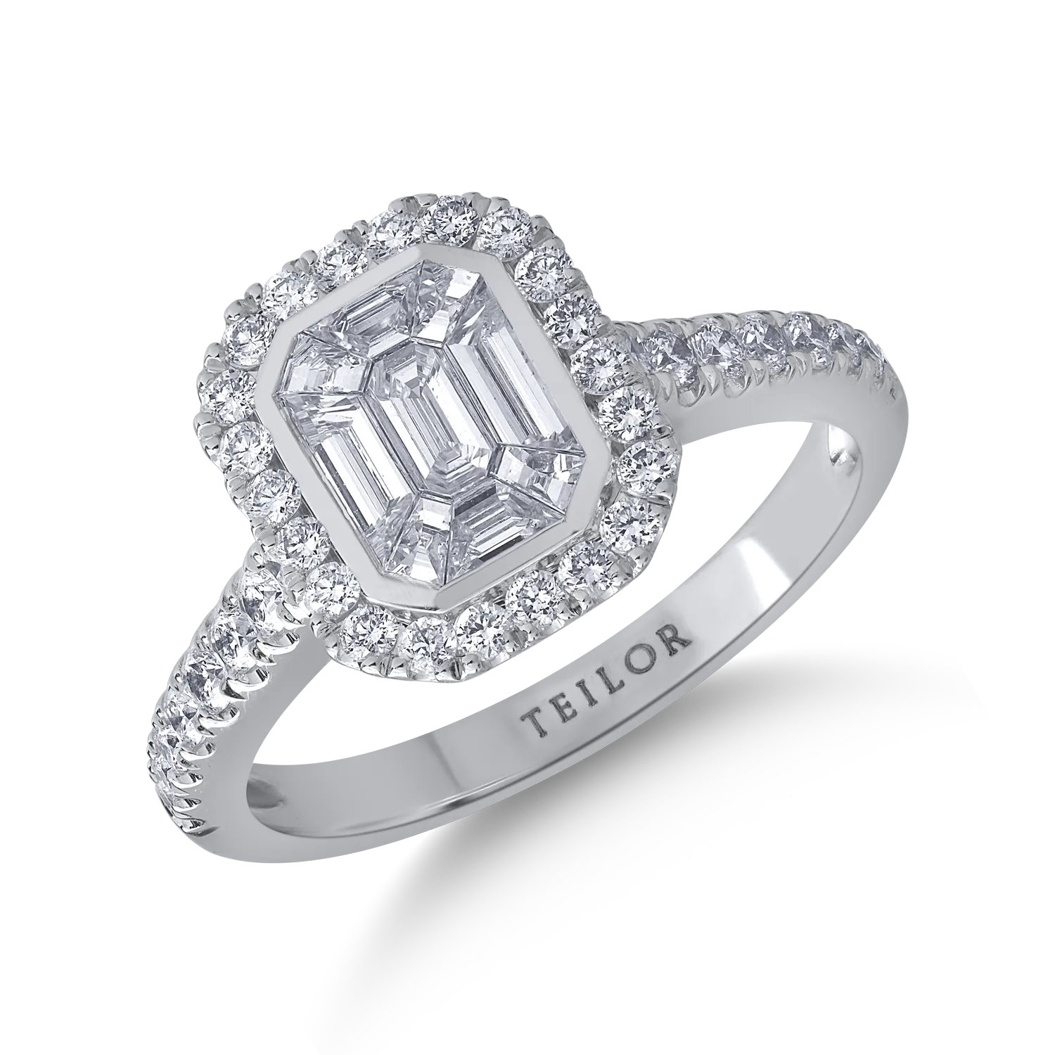 Inel din aur alb cu diamante baguette si rotunde de 0.9ct