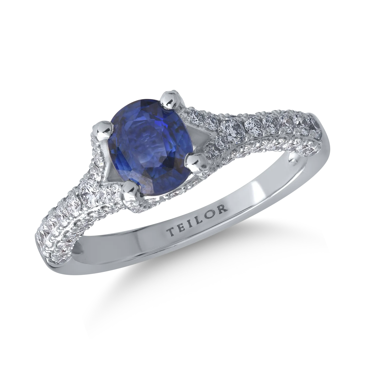 Inel din aur alb de 18K cu safir de 1.069ct si diamante de 0.76ct