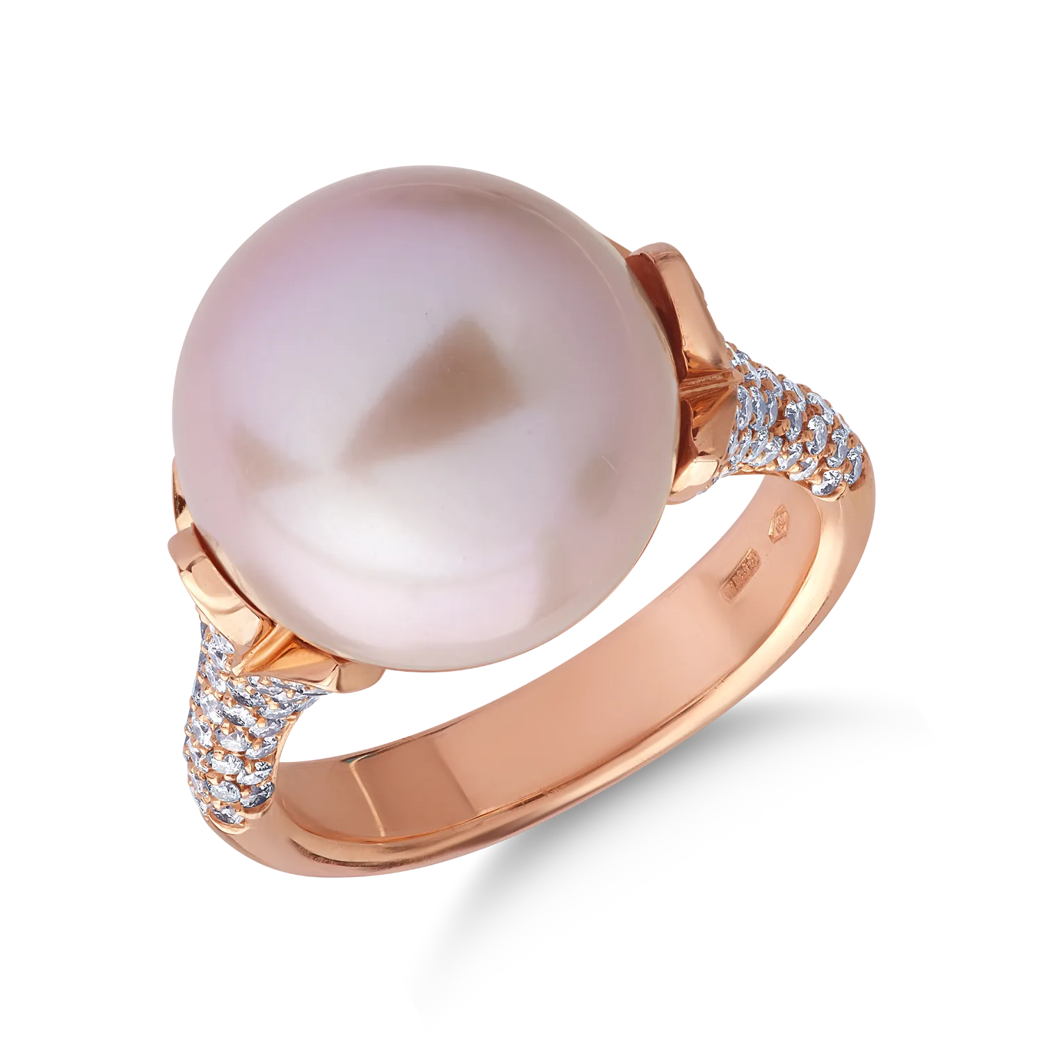 Inel din aur roz de 18K cu perla de cultura de 18.7ct si diamante de 0.83ct