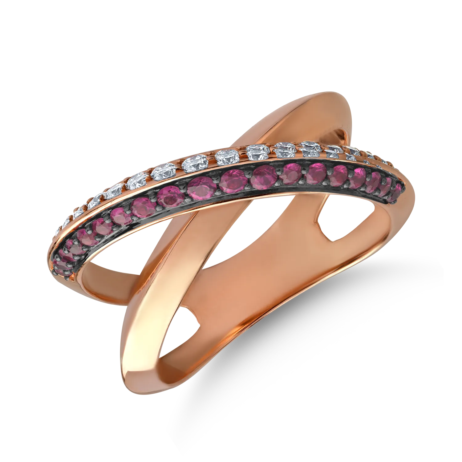 18K rózsaszín arany gyűrű 0.32ct rubinokkal és 0.26ct gyémántokkal