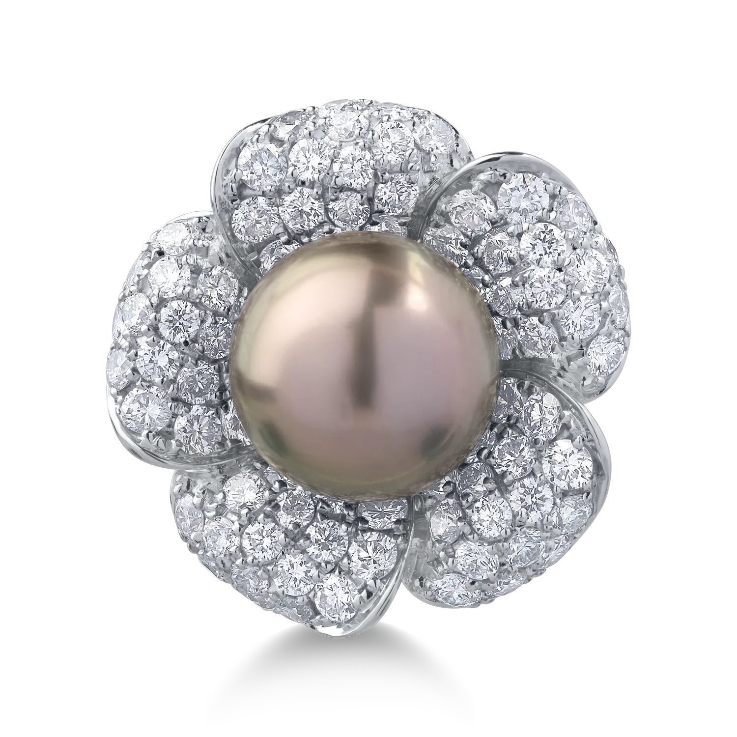 18K fehérarany gyűrű 12.3ct édesvízi tenyésztett gyönggyel és 2.99ct gyémántokkal