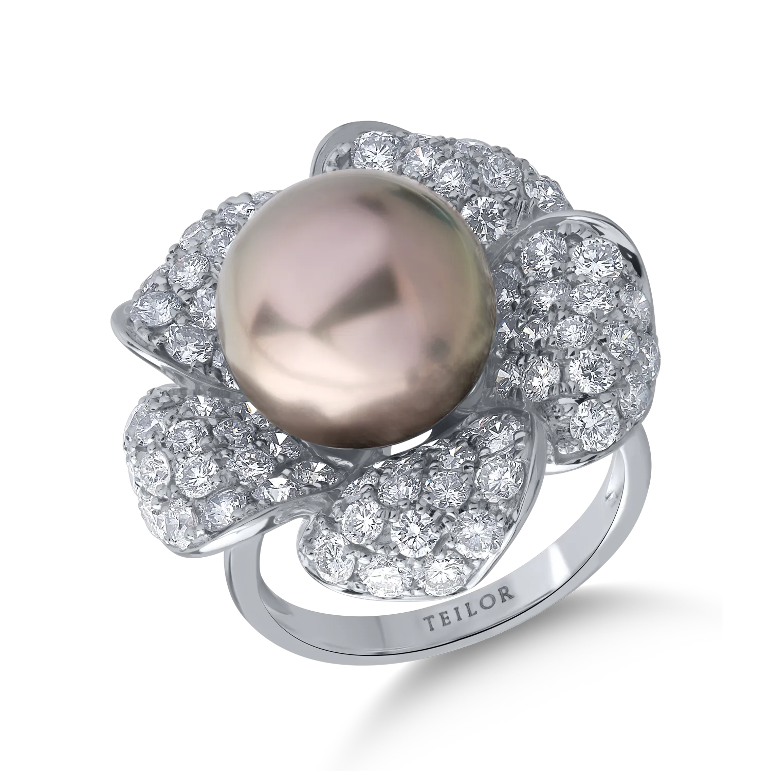 Inel din aur alb cu perla de cultura de 12.3ct si diamante de 2.99ct