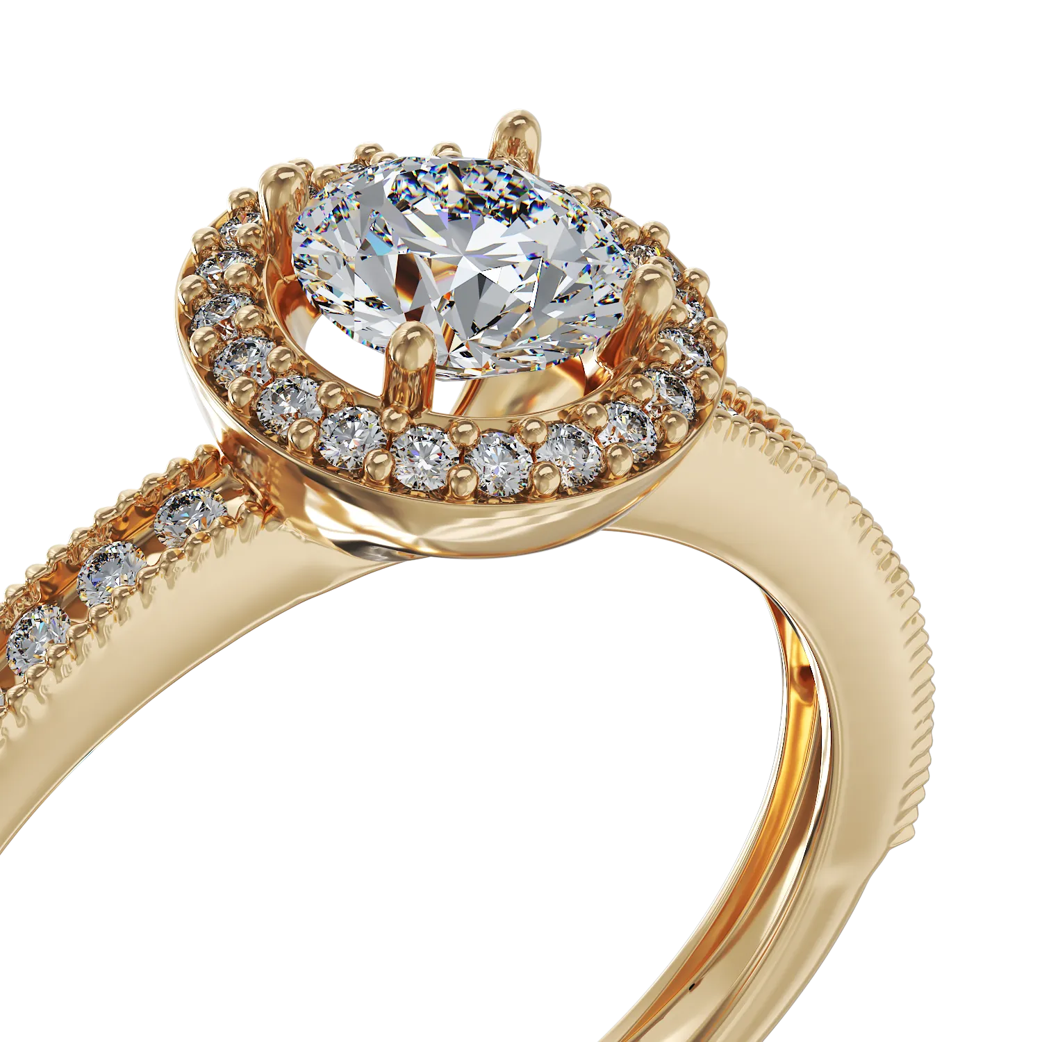 Годежен пръстен с ореол от жълто злато с цирконий