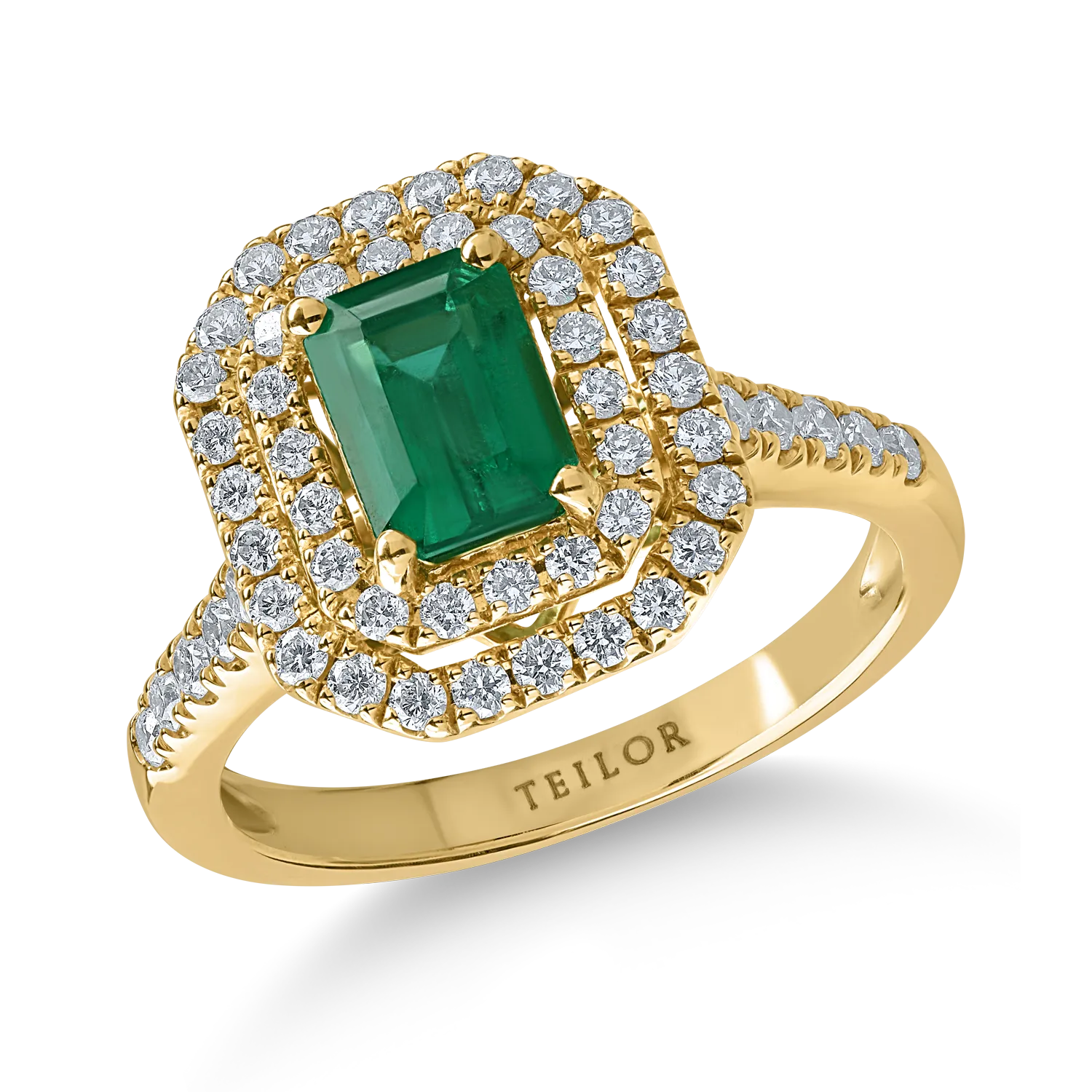 Sárga arany gyűrű 1.09ct smaragddal és 0.59ct gyémántokkal