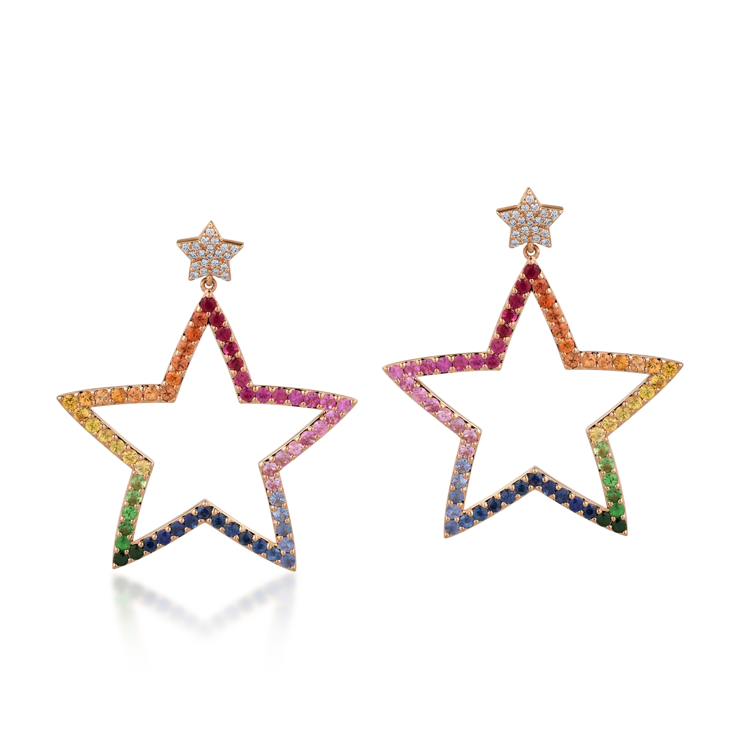 Cercei stele din aur roz cu safire multicolore de 6ct si diamante de 0.28ct