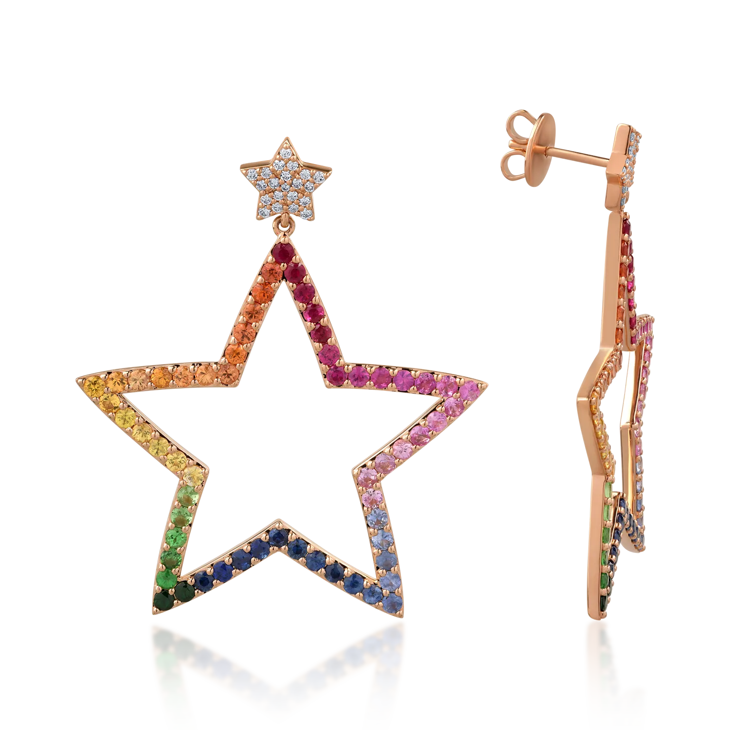 Cercei din aur roz cu safire multicolore de 6ct si diamante de 0.28ct