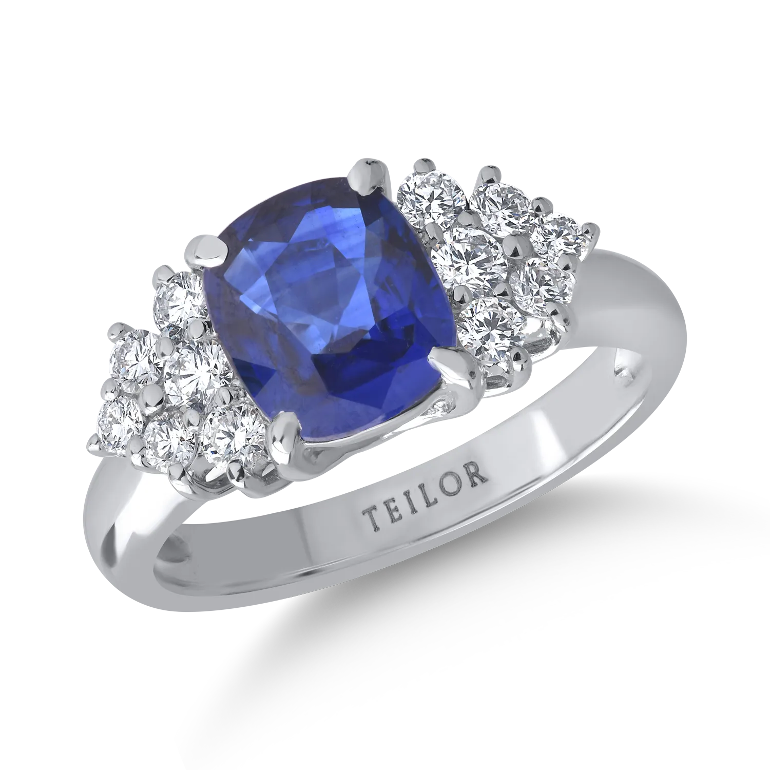 Inel din aur alb cu safir cushion de 2ct si diamante de 0.4ct