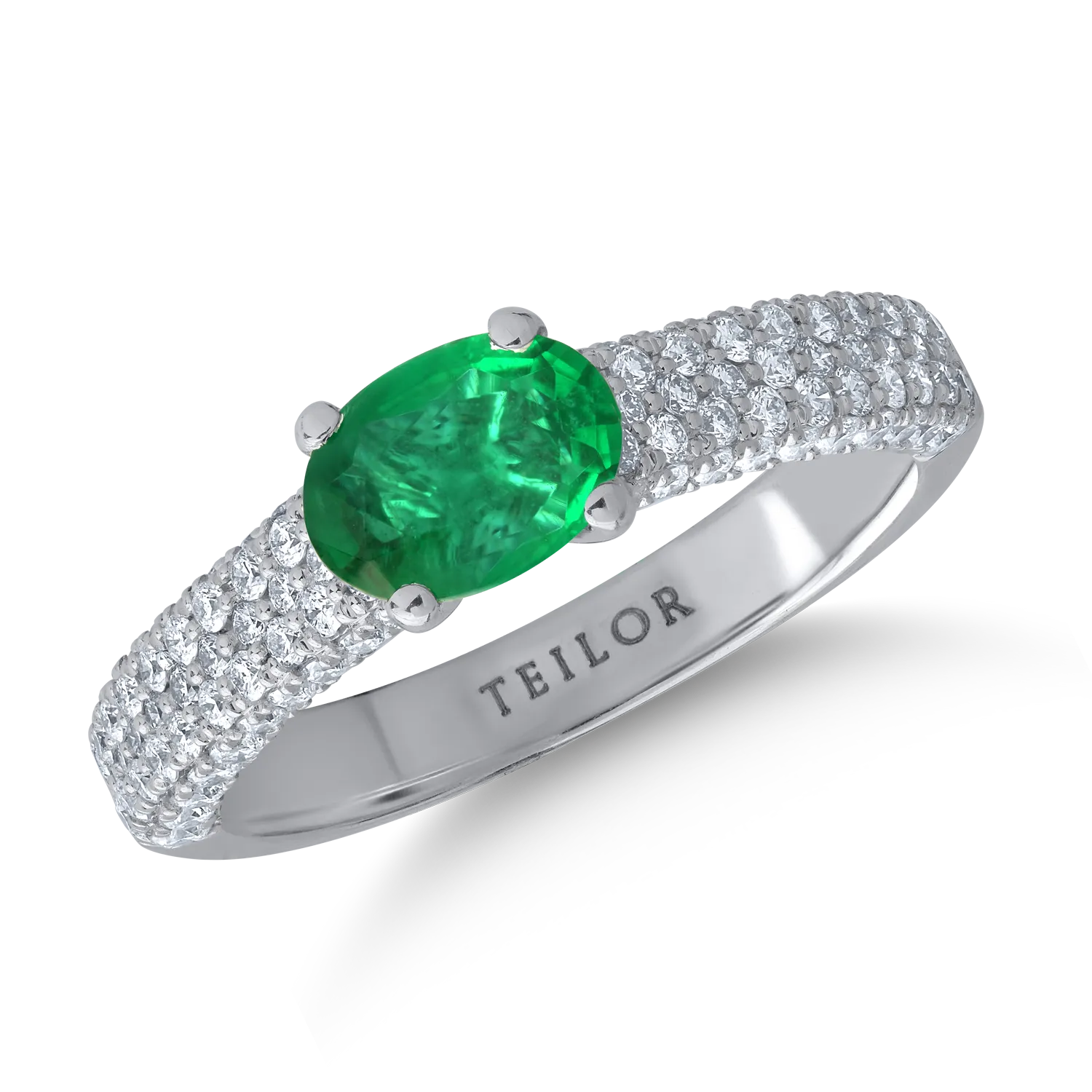 Inel din aur alb cu smarald oval de 0.7ct si diamante de 0.6ct