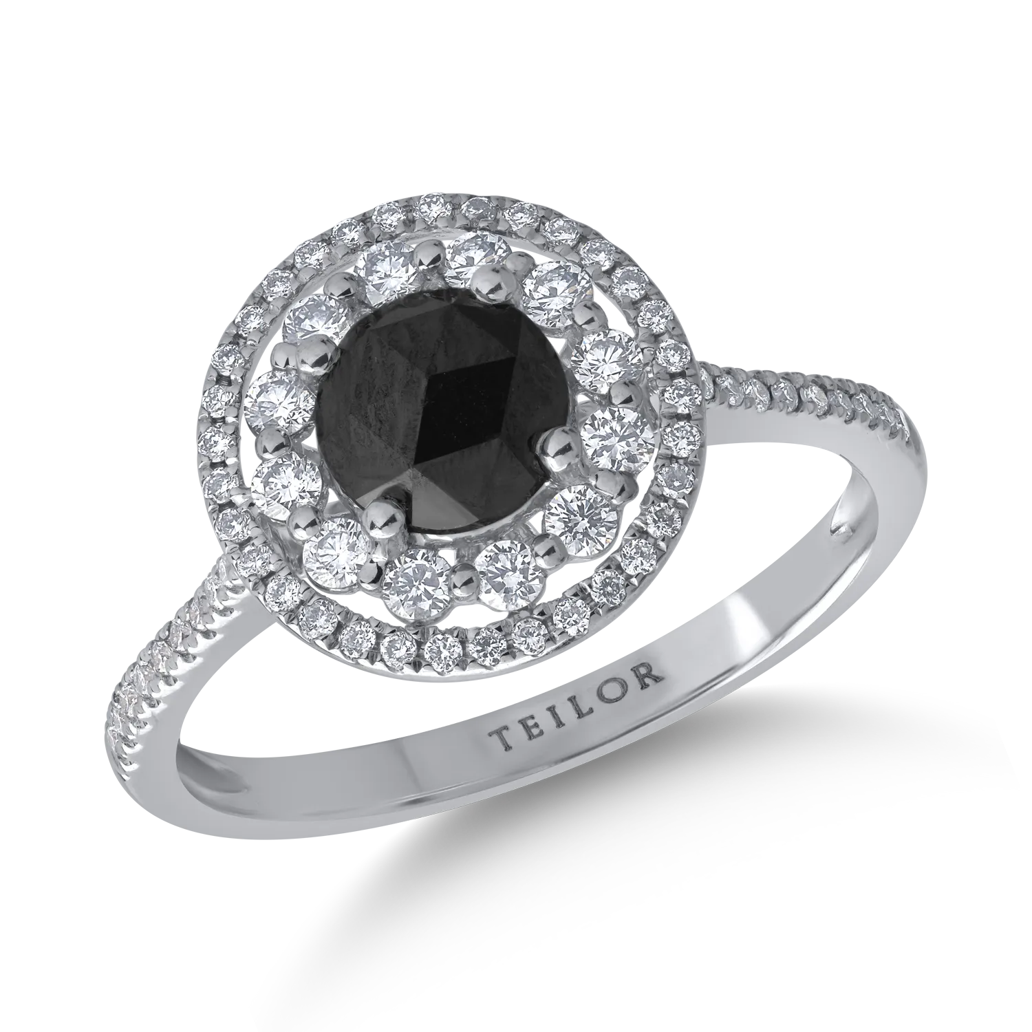 Inel din aur alb de 18K cu diamant negru de 0.67ct si diamante transparente de 0.34ct