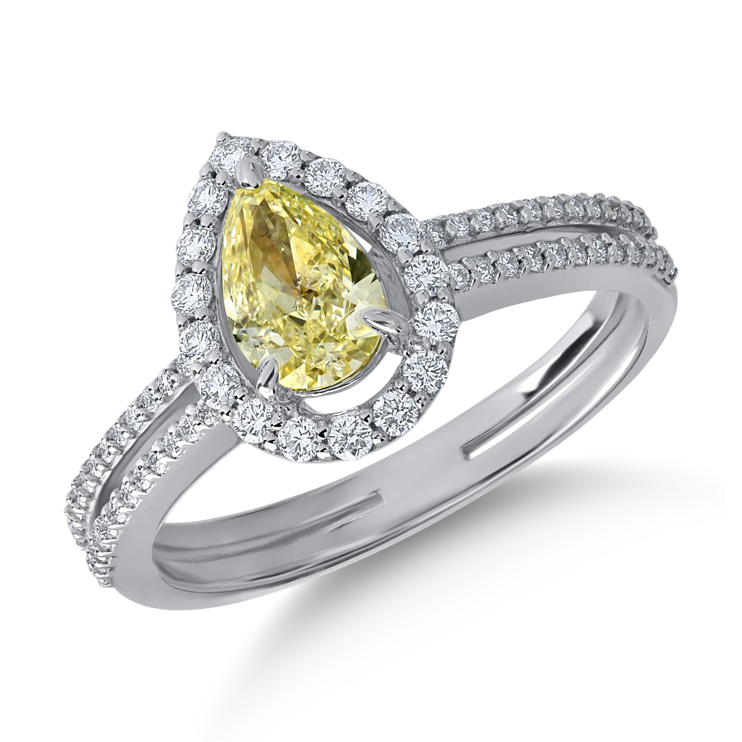 Inel din aur alb cu diamant fancy multicolor pear de 0.7ct si diamante transparente de 0.3ct