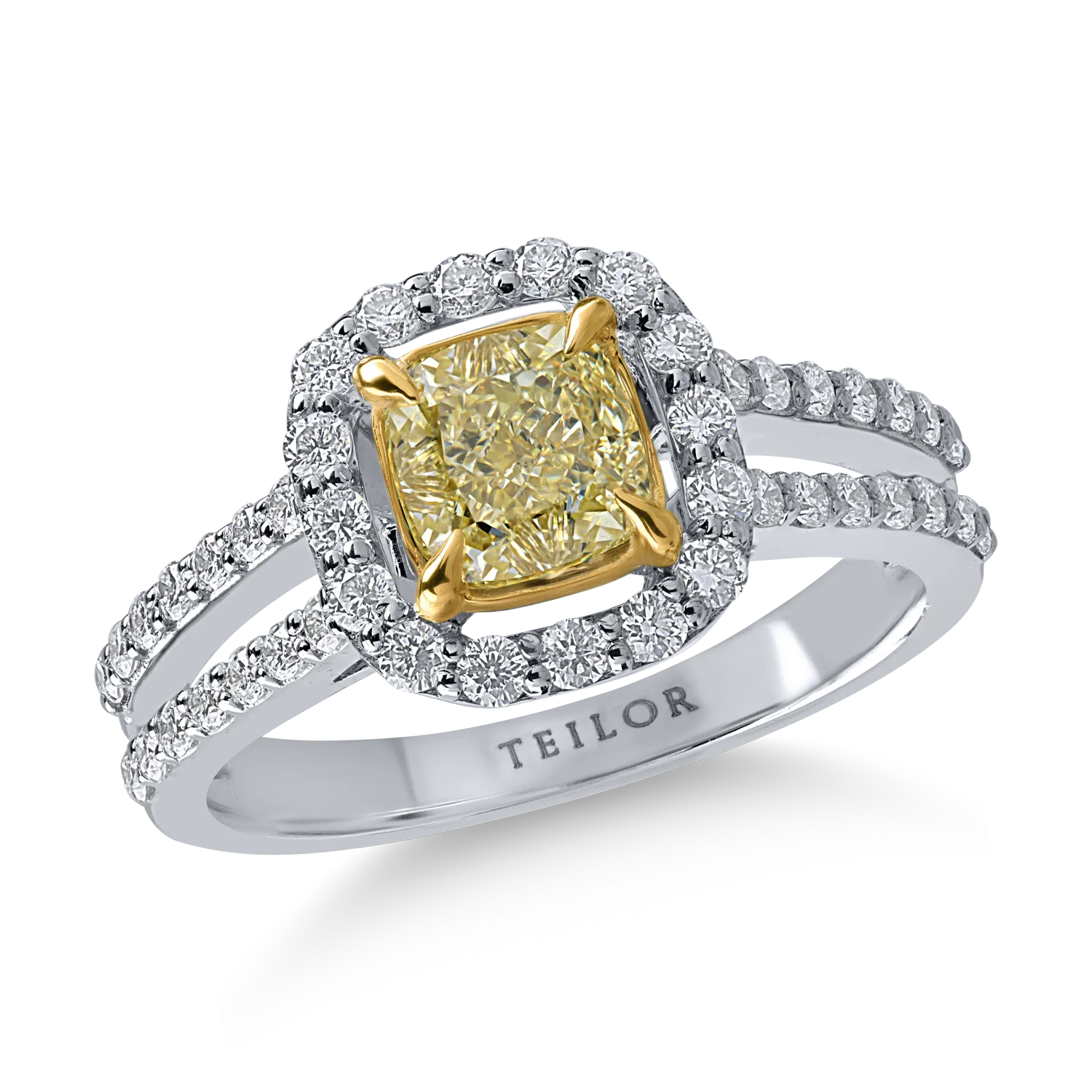 Inel din aur alb cu diamant galben cushion de 1ct si diamante transparente de 0.5ct