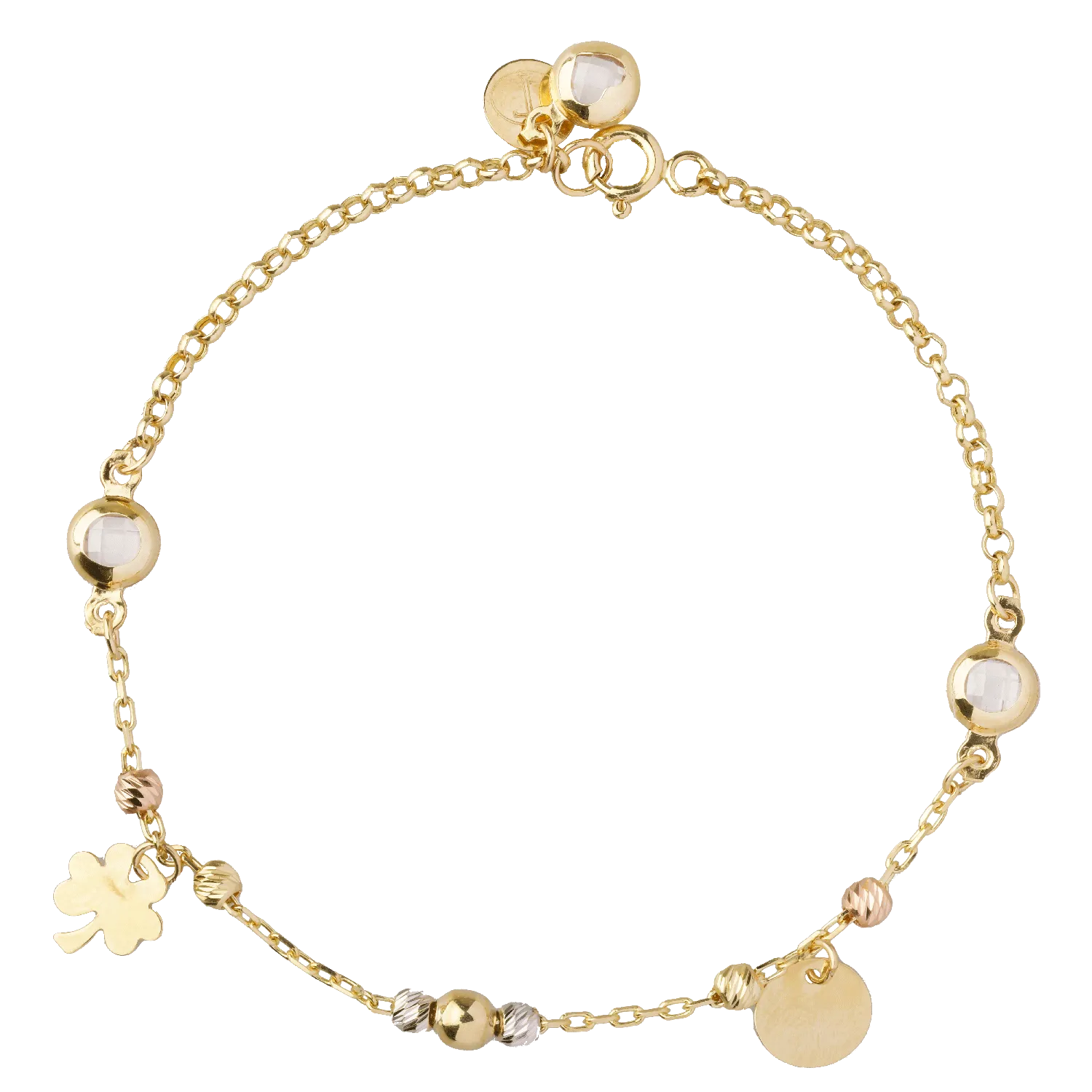 14K white-rose-yellow gold charms bracelet