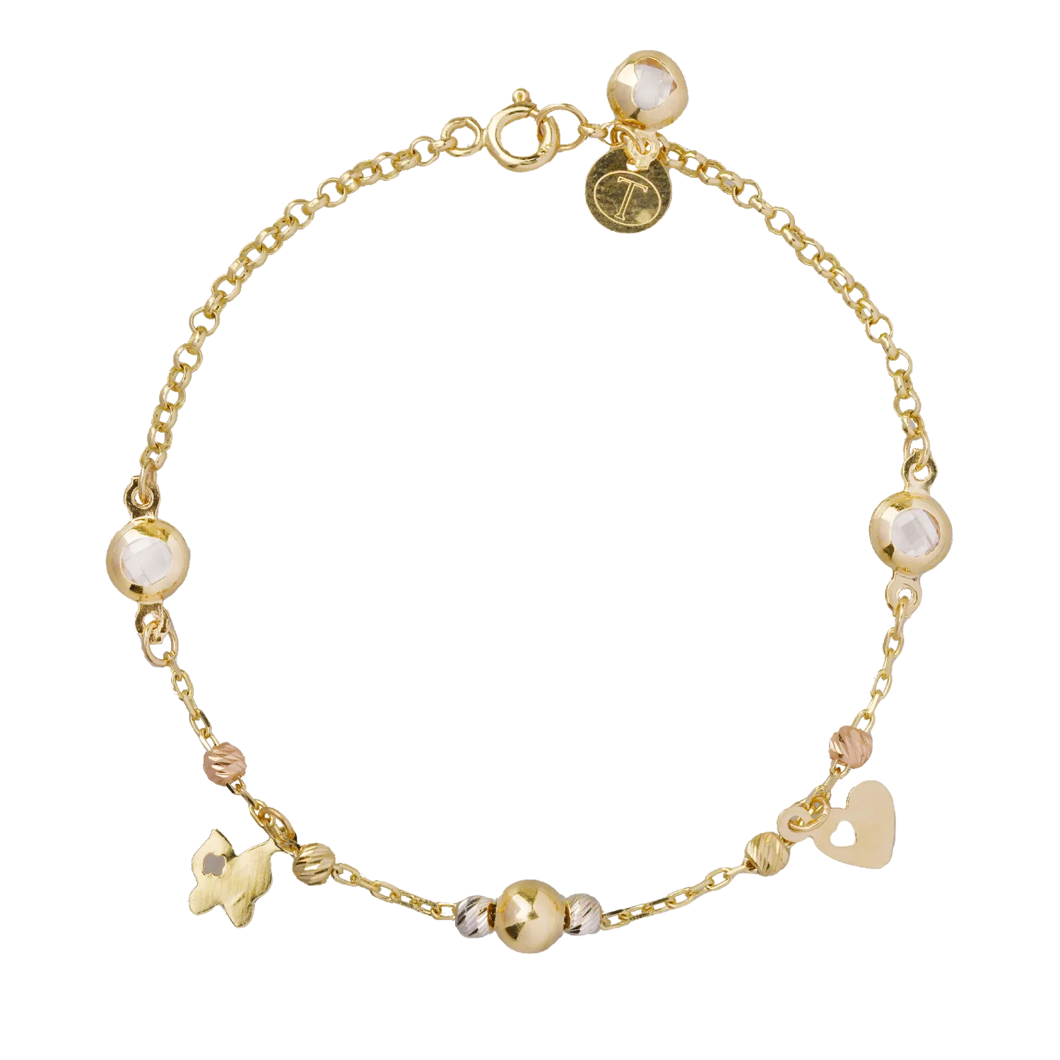 14K white-rose-yellow gold charms bracelet