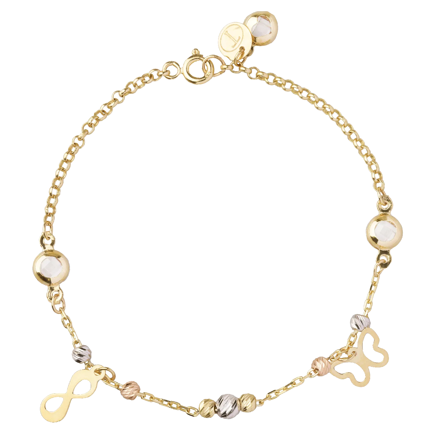 14K white-rose-yellow gold charms bracelet