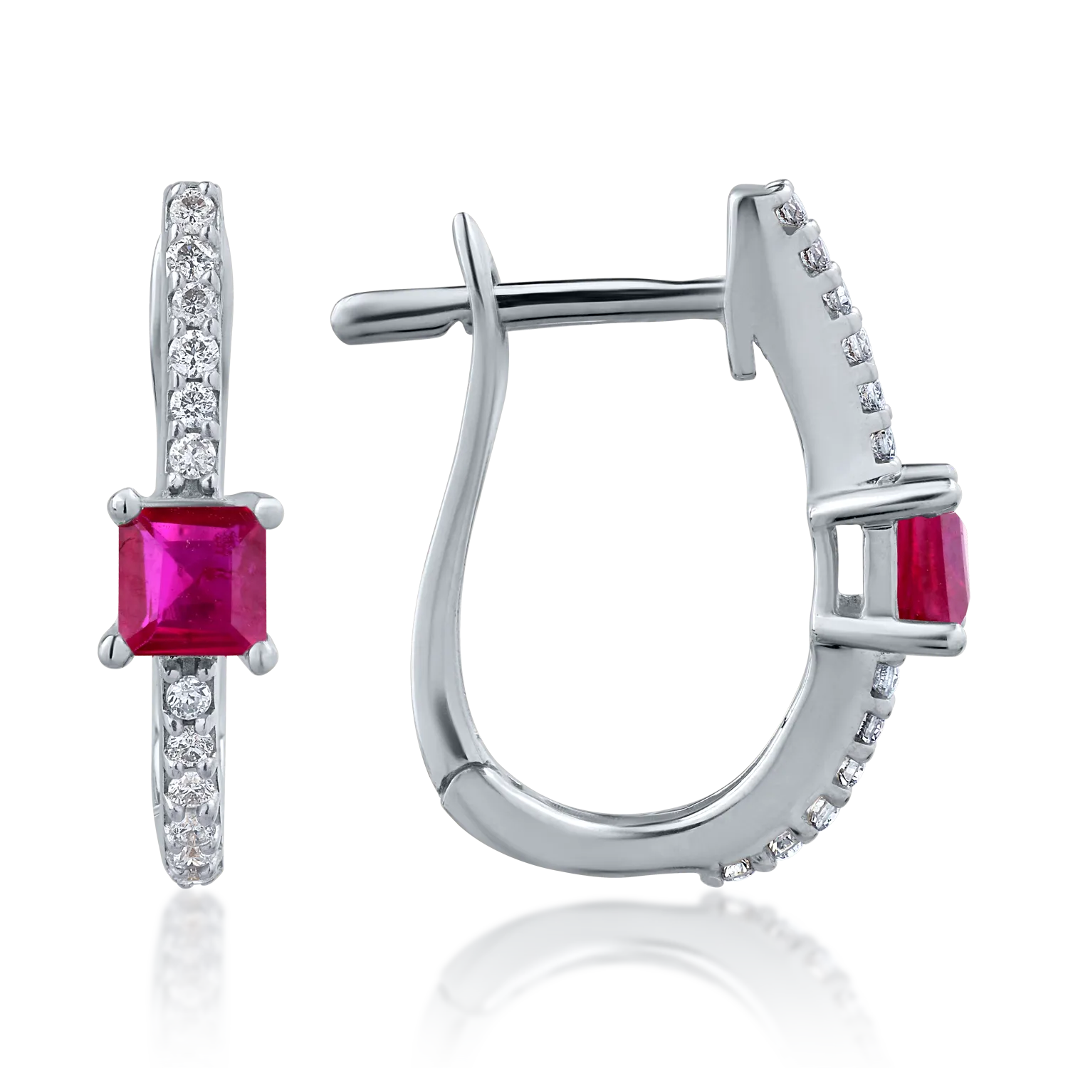 14K white gold earrings with 0.504ct rubies and 0.129ct diamonds