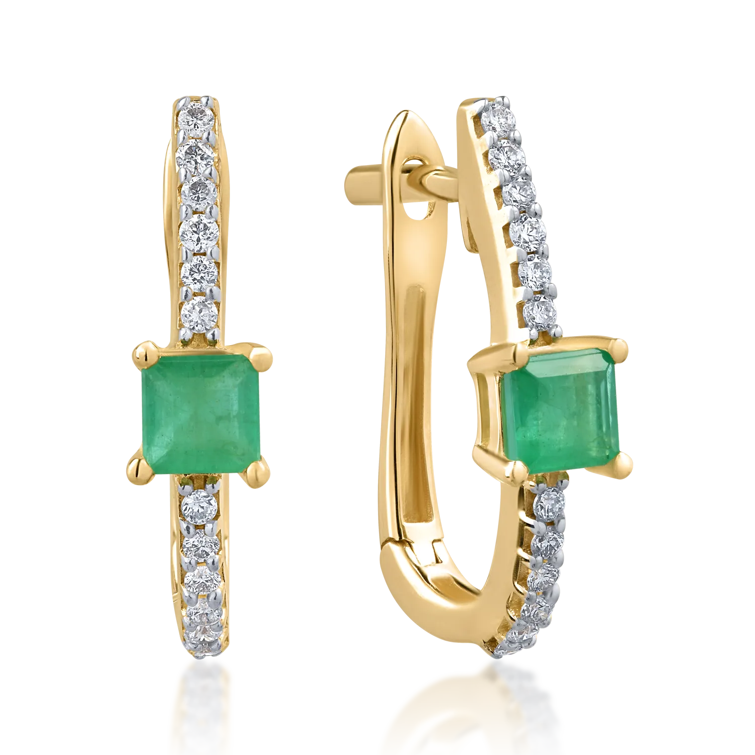 14K sárga arany fülbevaló 0.35ct smaragddal és 0.126ct gyémánttal