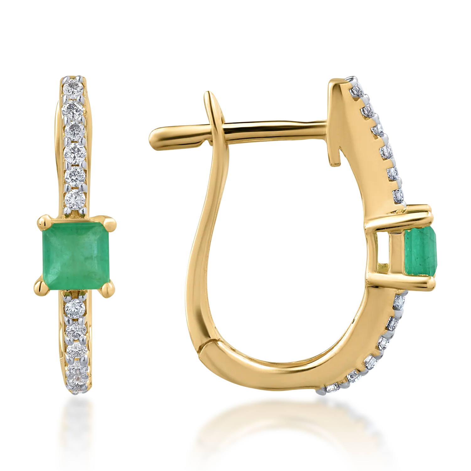 14K sárga arany fülbevaló 0.35ct smaragddal és 0.126ct gyémánttal