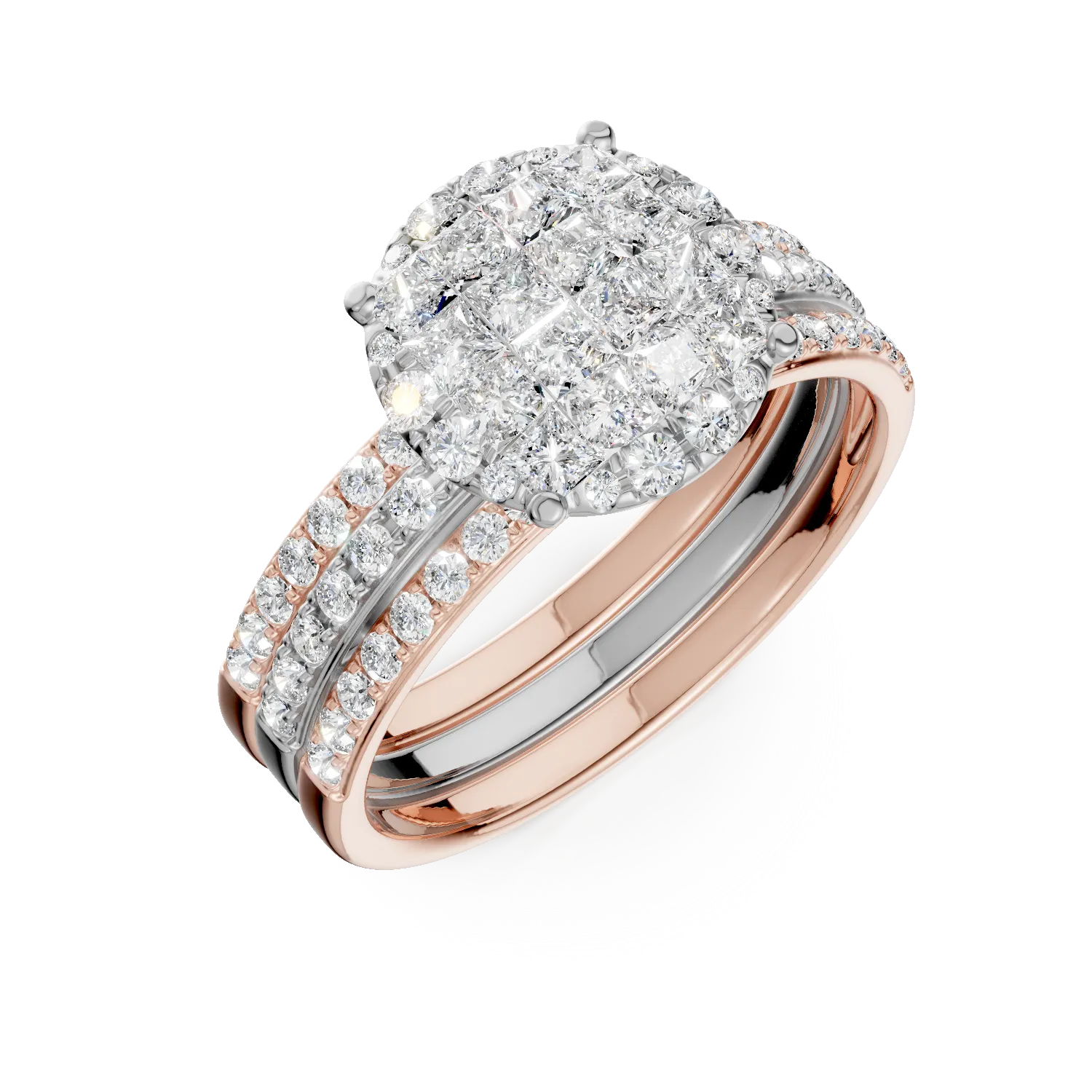 Inel din aur alb-roz cu diamante princess si rotunde de 1ct