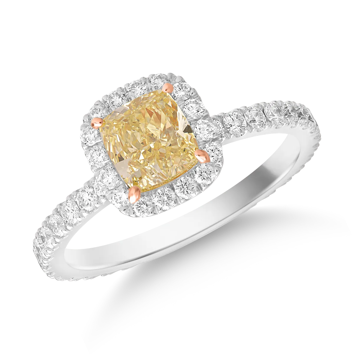 Inel din aur alb cu diamant fancy galben rectangular de 1ct si diamante de 0.6ct