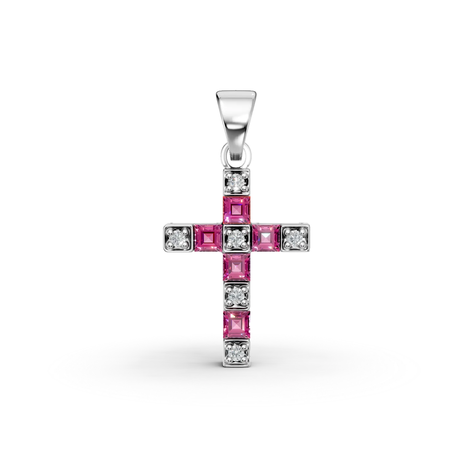 Pandantiv cruce din aur alb de 18K cu rubine de 0.26ct si diamante de 0.04ct