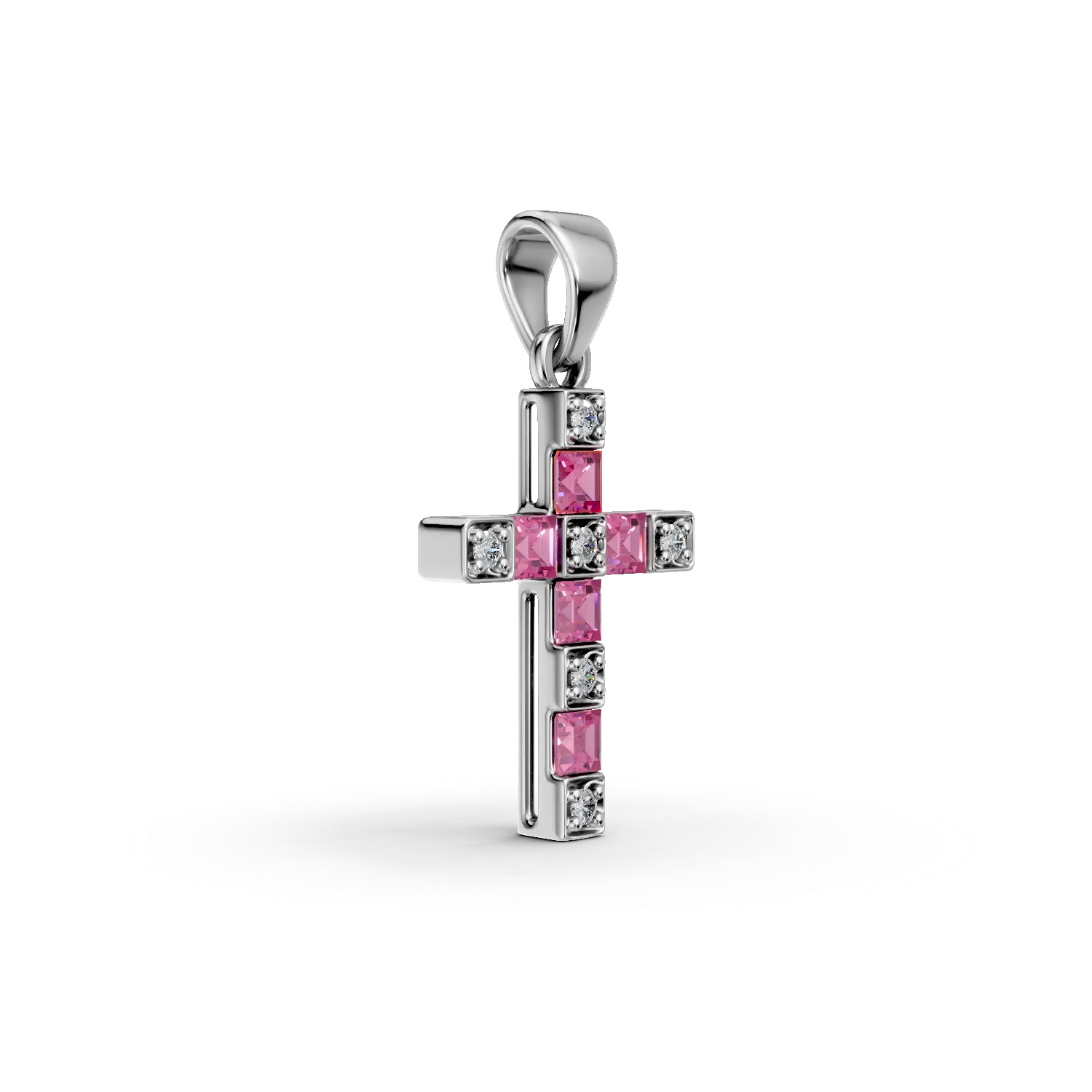 Pandantiv cruce din aur alb de 18K cu rubine de 0.26ct si diamante de 0.04ct