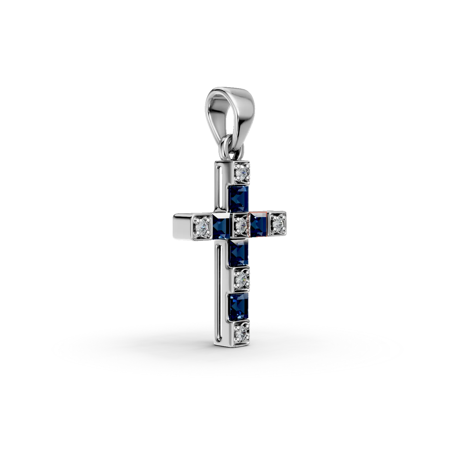 Pandantiv cruce din aur alb cu safire de 0.29ct si diamante de 0.04ct