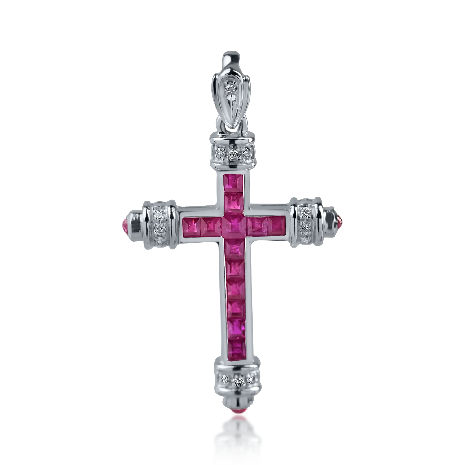 Pandantiv cruce din aur alb cu rubine de 1.18ct si diamante de 0.07ct
